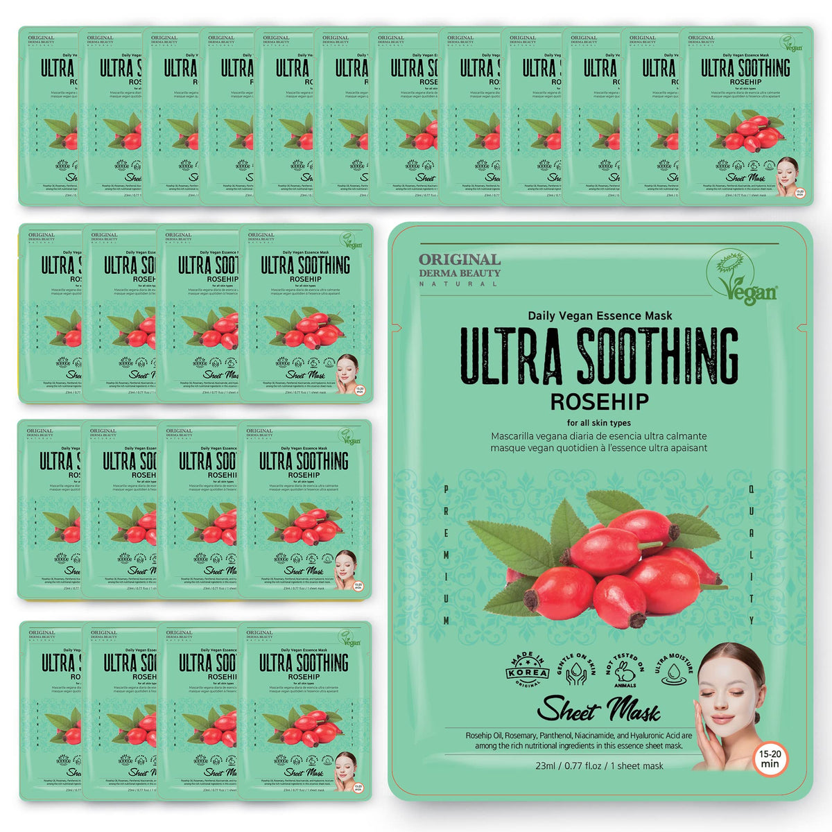 Innerest Collagen Face Masks 24 Pk - Vegan Rosehip Ultra Soothing Korean Sheet Masks