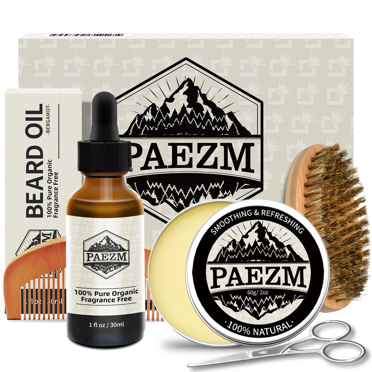 Paezm 5 Piece Beard Grooming Kit - All Natural Oil, Balm, Comb, Scissors, Gift Set For Men