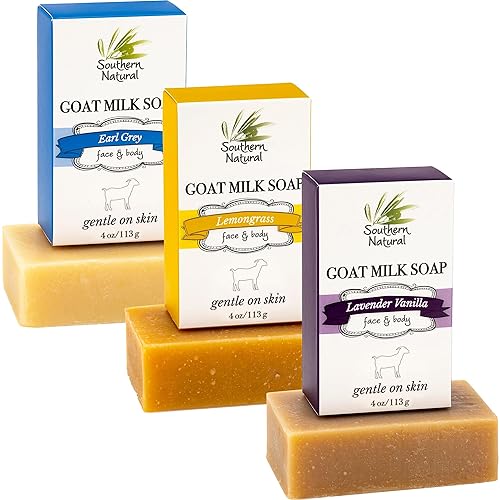 Southern Natural Goat Milk Soap Variety Pack - Lavender Vanilla, Lemongrass, Earl Grey, 3 Bars