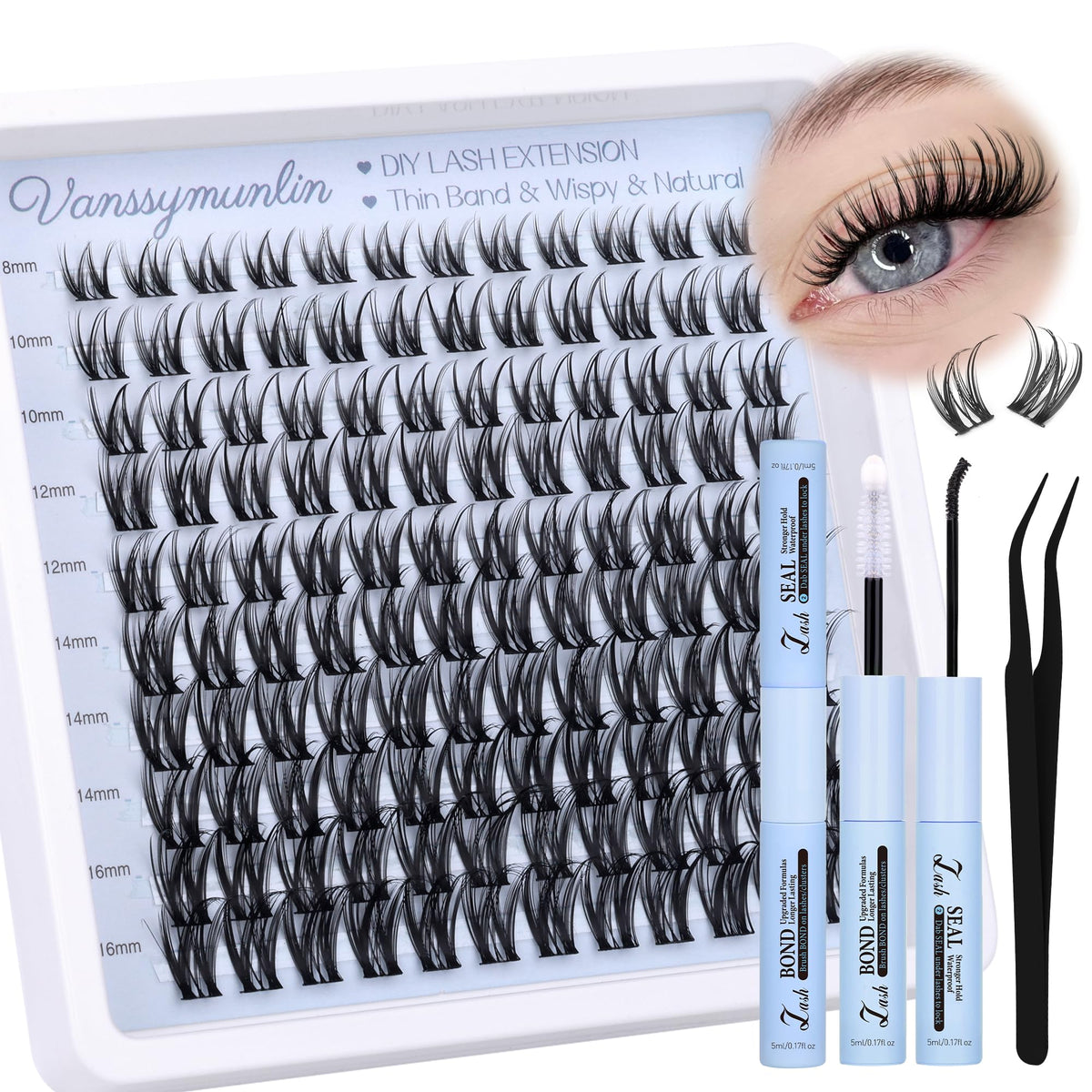 Vanssymunlin D Curl Wispy Lash Clusters Kit - 8-16Mm Individual Eyelash Extensions With Bond & Seal