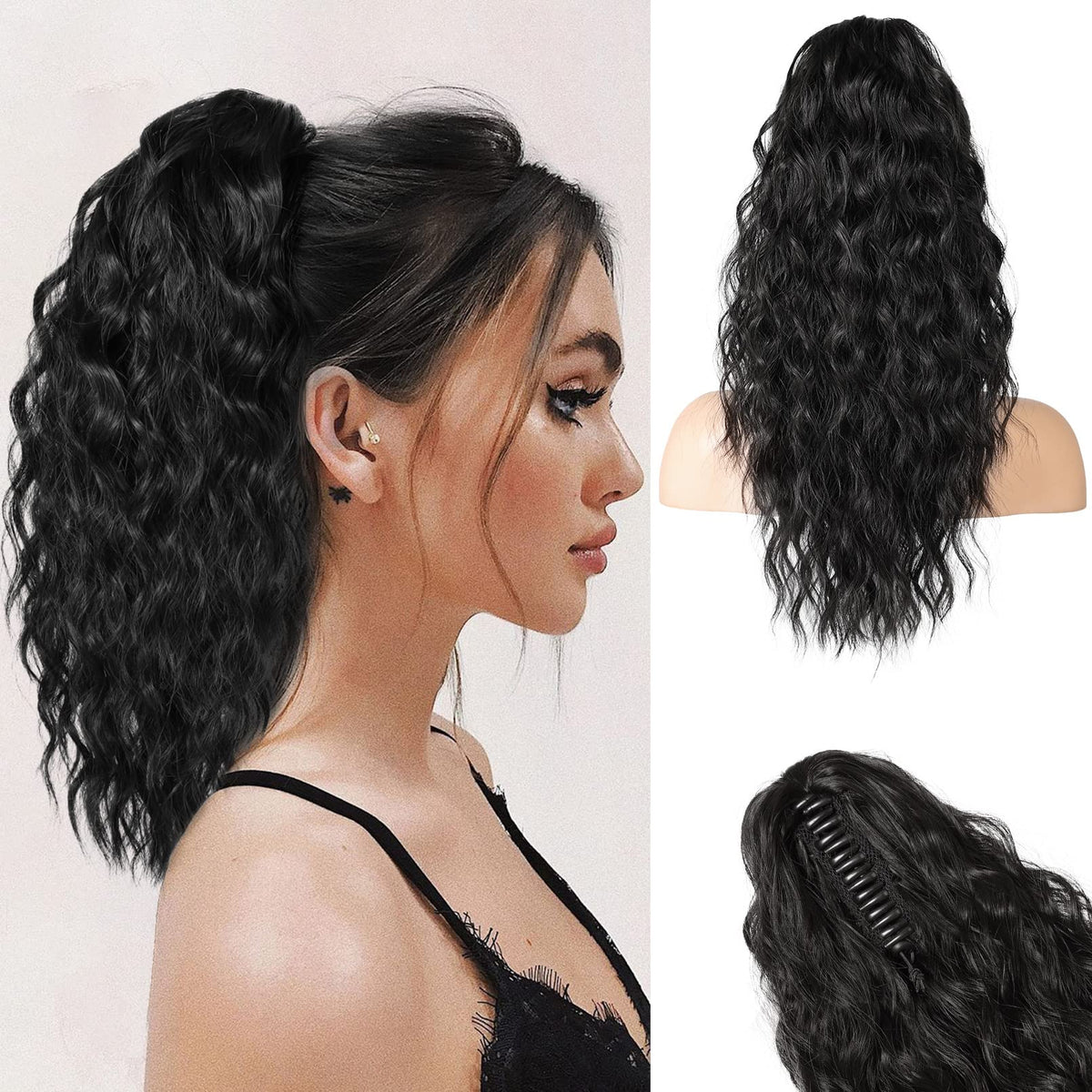 REECHO 18&quot; Black Ponytail Extension - Curly Wavy Synthetic Clip-In Hairpiece for Women