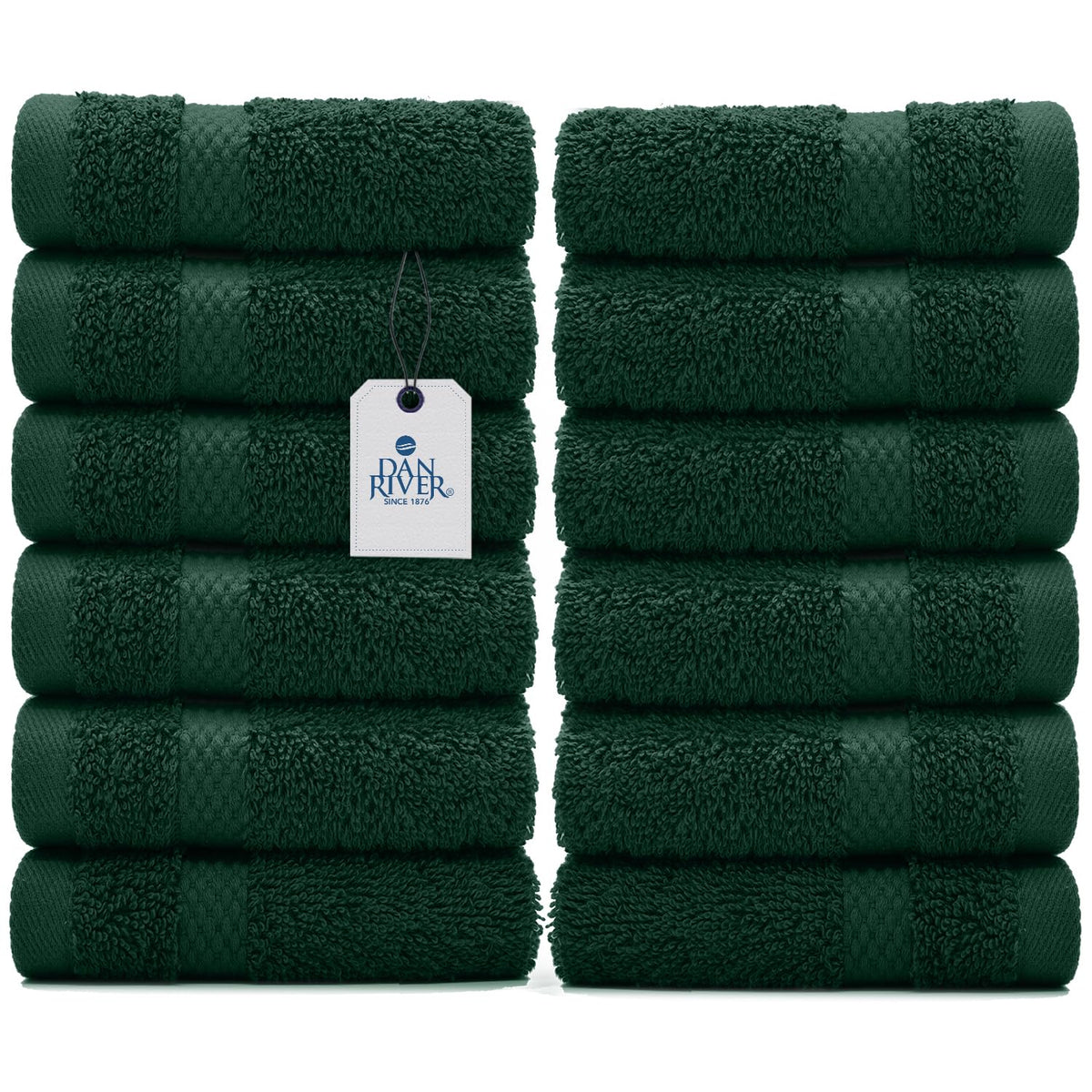 Dan River 100% Cotton Face Towels - 12 Pack Highly Absorbent Washcloths, Hunter Green 12X