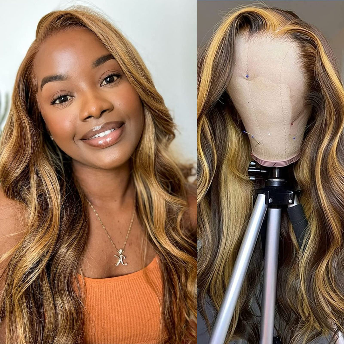 Aaliweya 28&quot; Ombre Honey Blonde Body Wave Lace Front Wig Human Hair 180% Density For Black Women