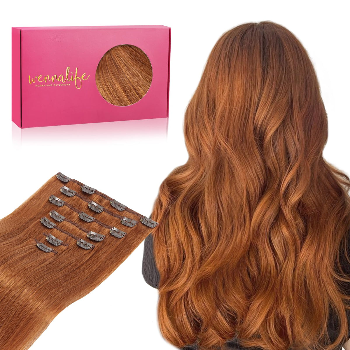 WENNALIFE 24&quot; Clip in Hair Extensions, 120g, Real Human Hair, Dirty Ginger, 7pcs Remy