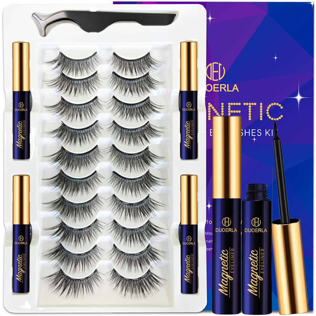 Duoerla Black Magnetic Eyelashes Kit, 10 Pairs Wispy Cat Eye, Vegan & Cruelty Free, Easy