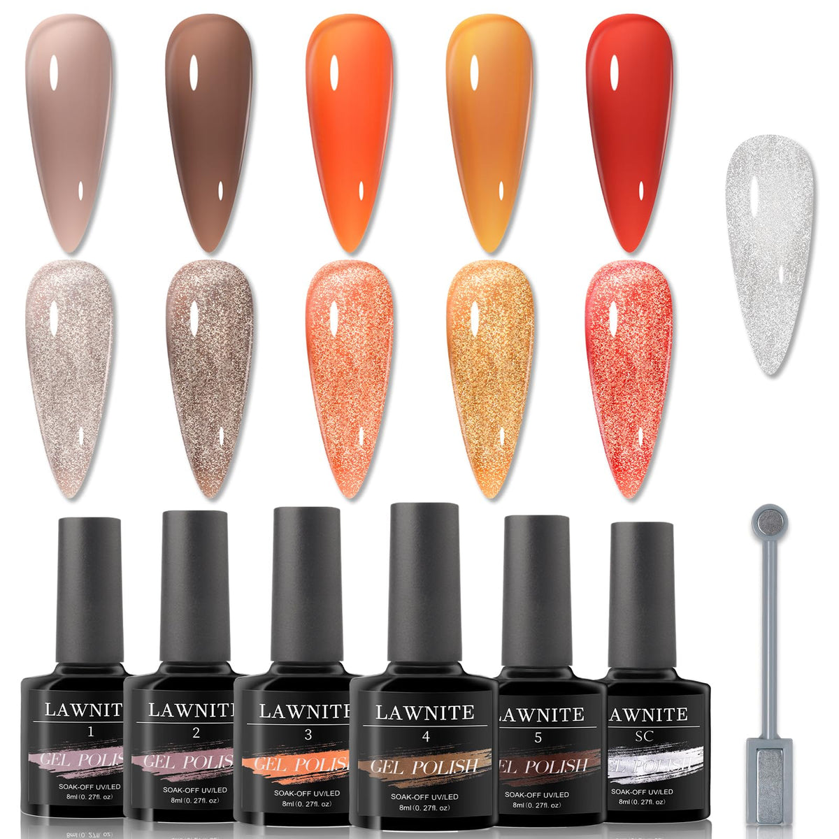 Lawnite Cat Eye Gel Nail Polish Set - 5 Translucent Colors With Magnetic Gel, 0.27 Fl Oz