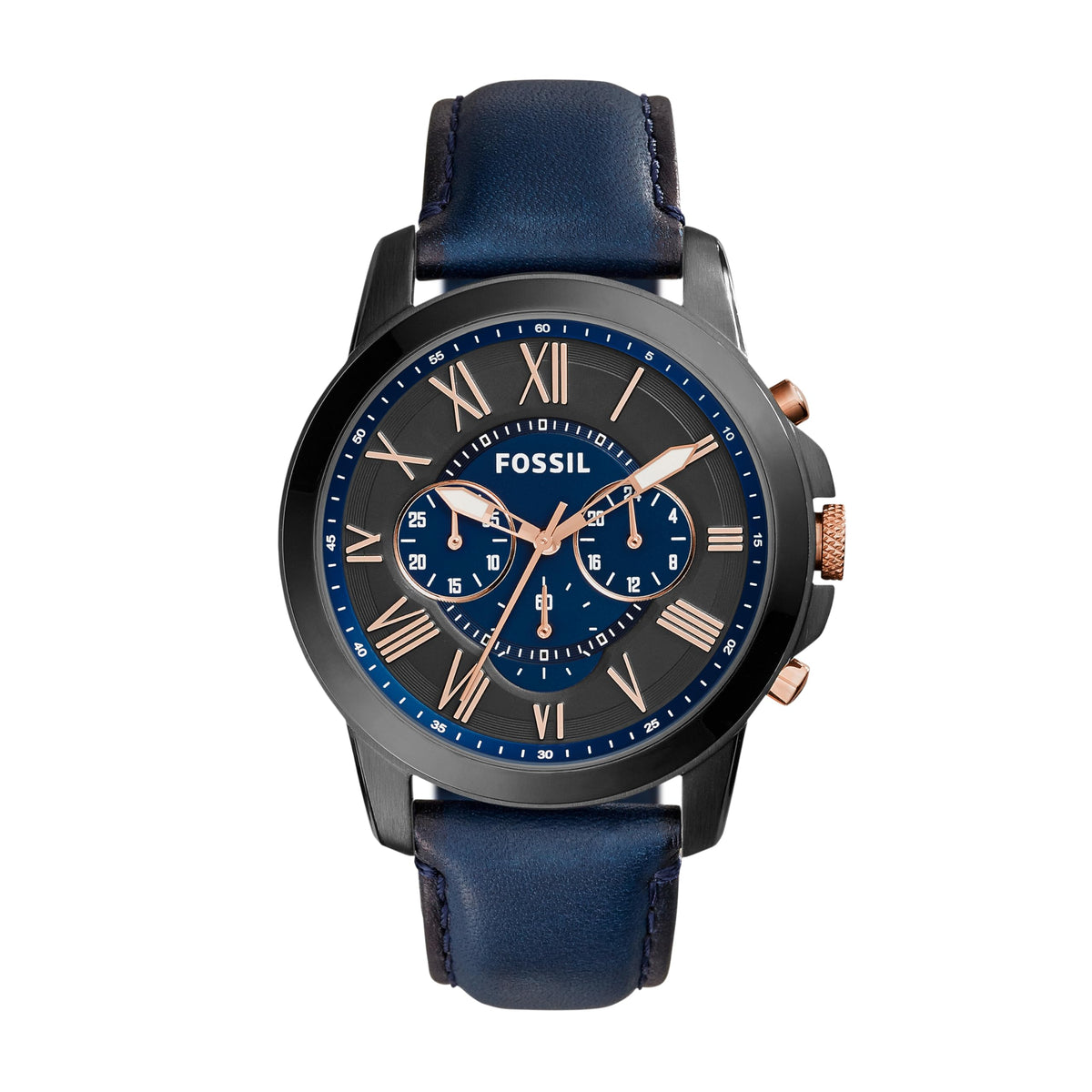 Fossil Men'S Grant Chronograph Watch, Black & Navy Leather & Stainless Steel, Model Fs5061