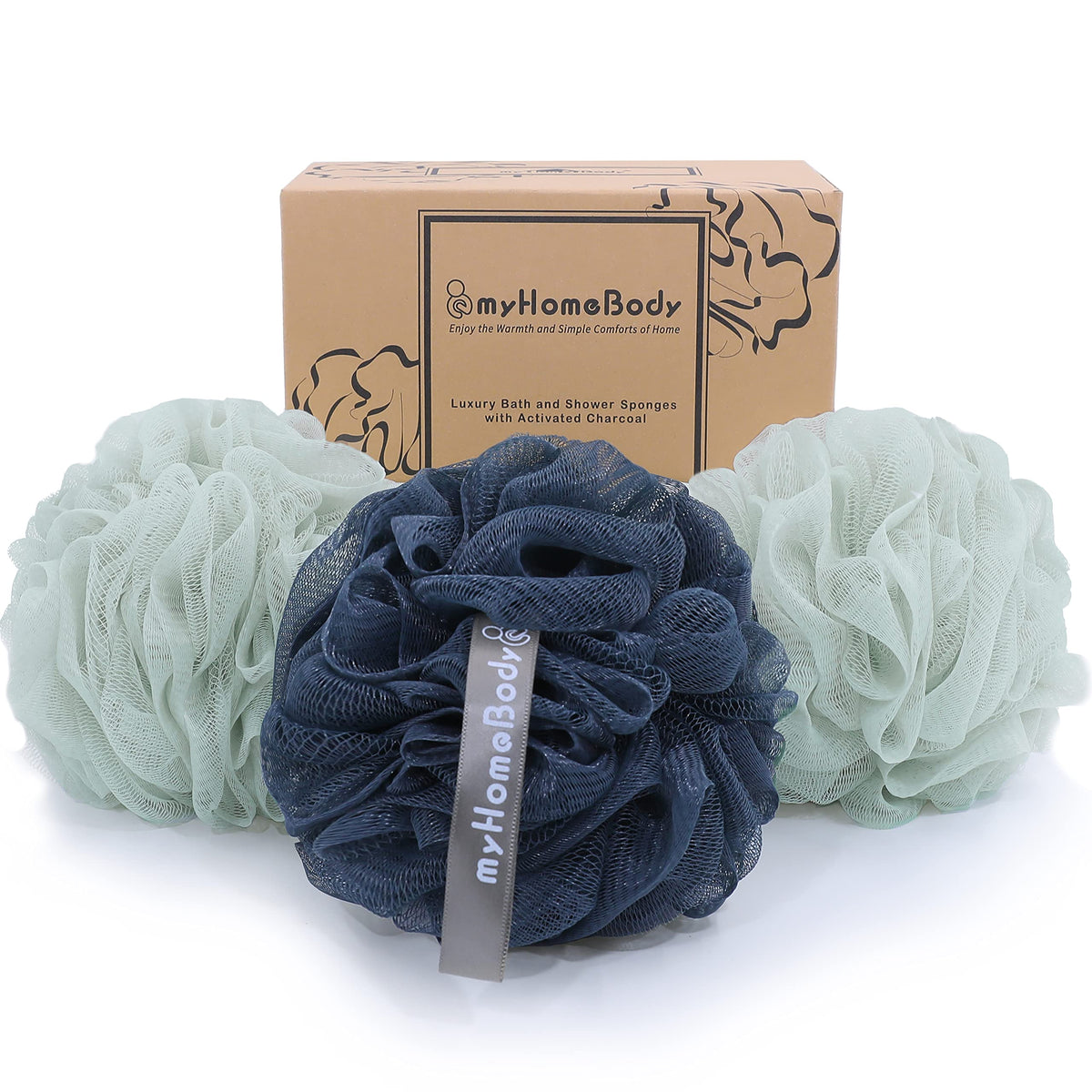 Myhomebody Exfoliating Loofah Sponge Set - 3 Pack (2 Sea Foam Green, 1 Navy Blue), Body Scr