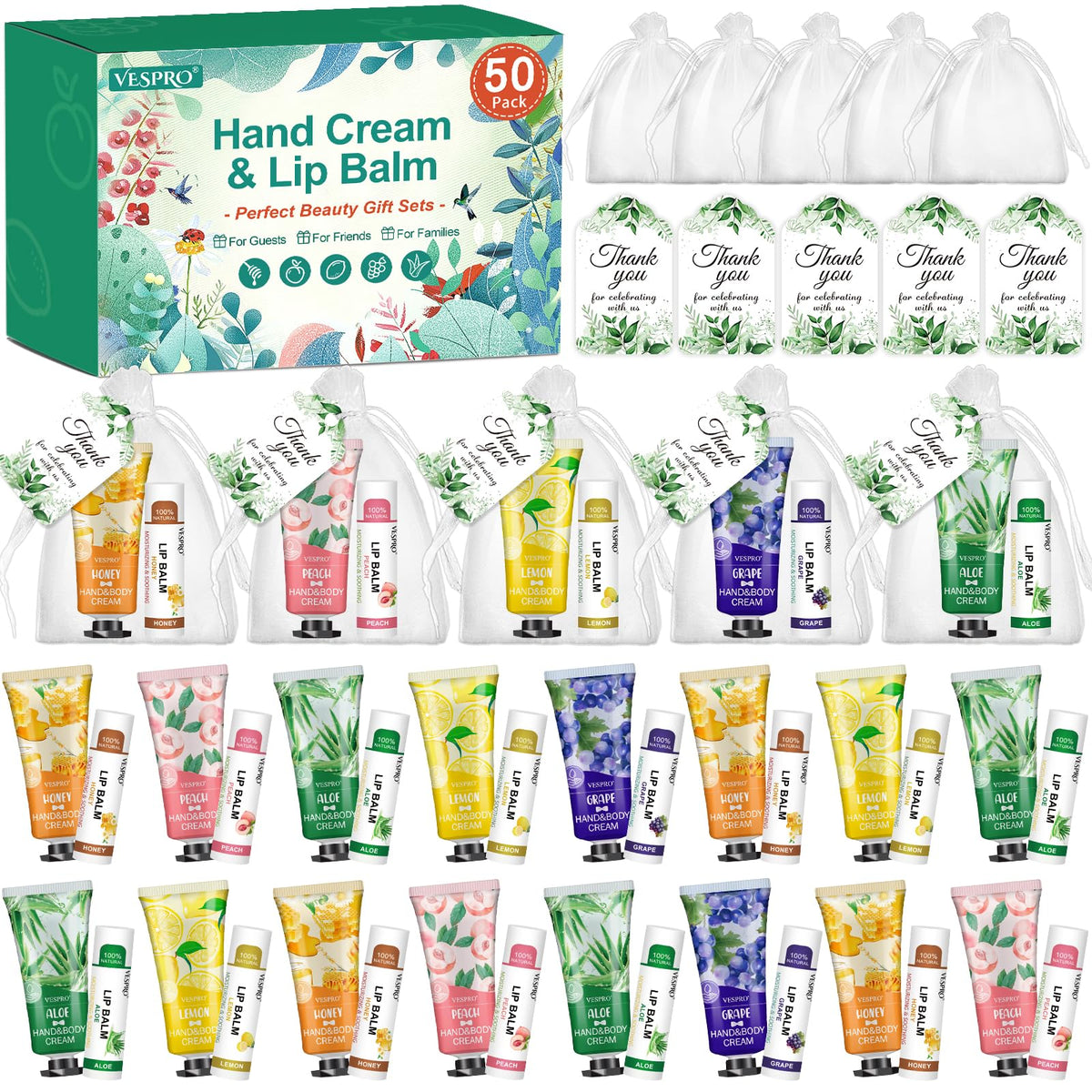 Vespro 50 Sets Hand Cream & Lip Balm Gifts - Easter, Bridal & Baby Shower Favors With Thank You Cards