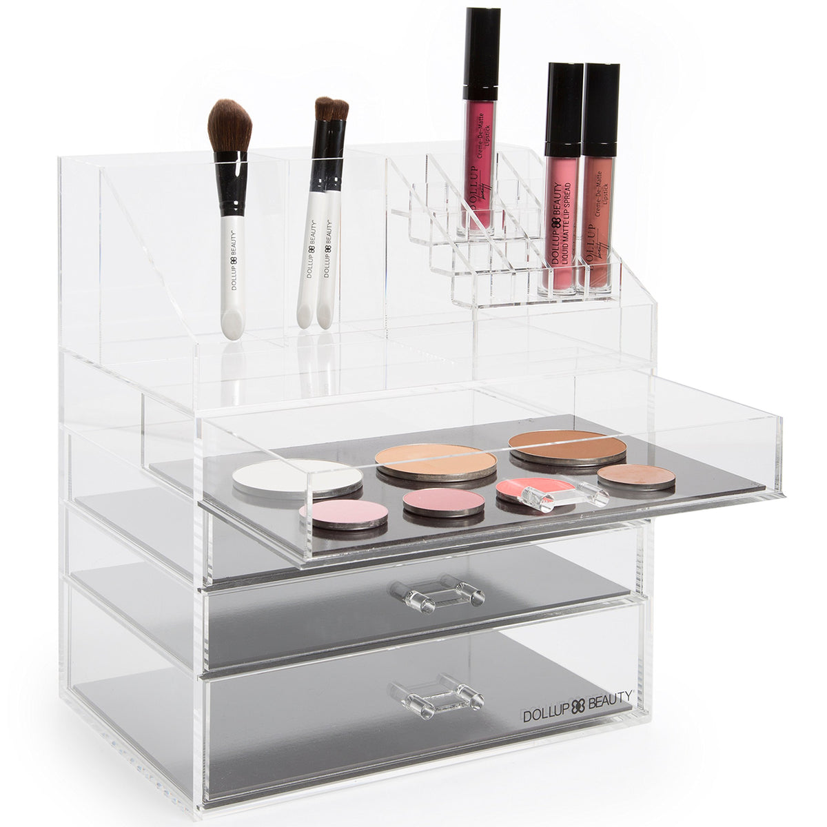 Dollup Beauty Clear Acrylic Makeup Organizer With 4 Magnetic Palette Drawers - Pro Vanity Case