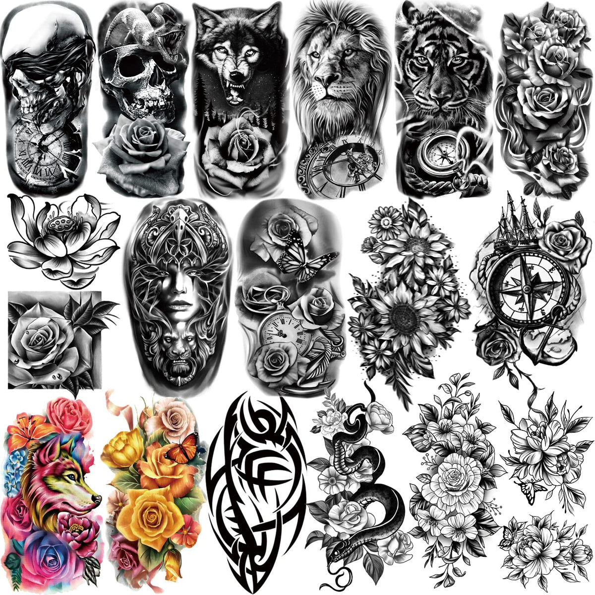 Yazhiji 77 Sheets Waterproof Temporary Tattoo Set For Kids & Adults - Wolf, Tiger, Flower Designs