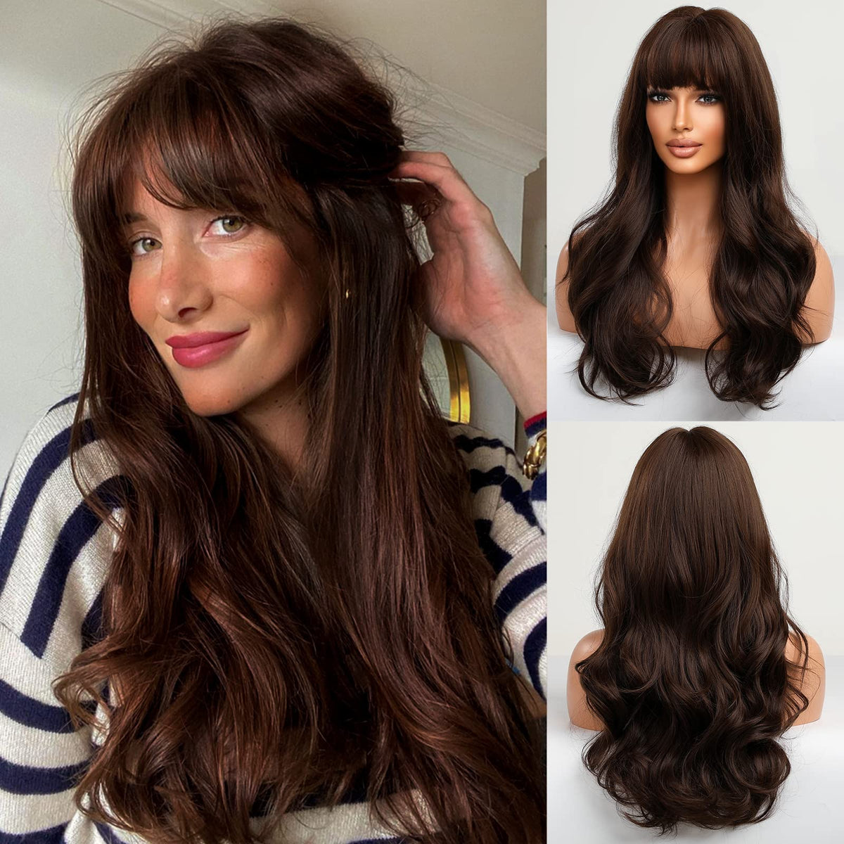 Haircube 26&quot; Long Brown Synthetic Wig With Bangs - Heat Resistant Curly Wig For Women