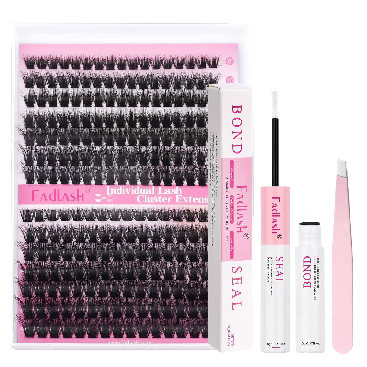 FADLASH Lash Extension Kit - 80D/100D D Curl Cluster Lashes, DIY with Bond, Seal & Tweez