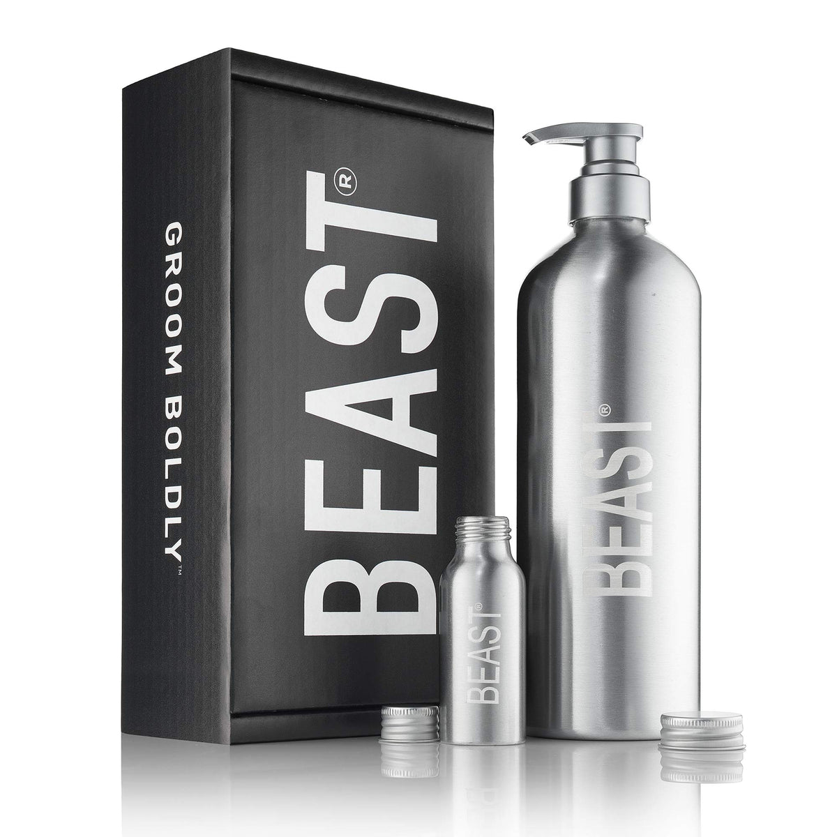 Tame The Beast Silver Reusable Eco-Friendly Shower Bottle - 1L Aluminum, Travel 2Oz Included