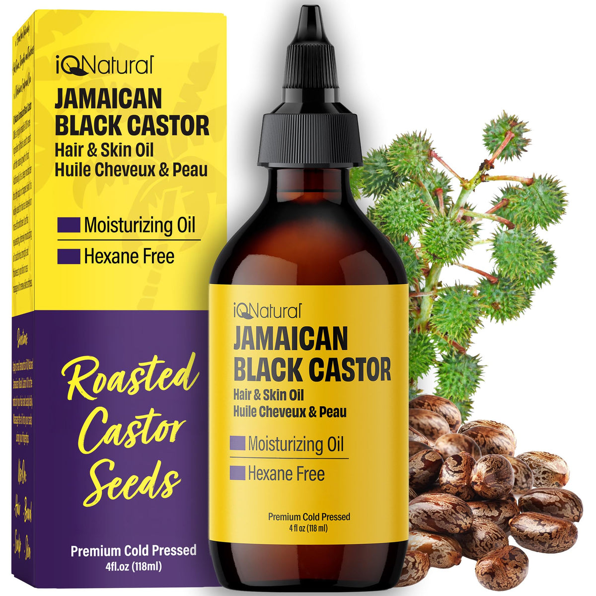 Iqnatural 4Oz Organic Cold Pressed Jamaican Black Castor Oil - Hair Growth, Unscented, Hexane-Free