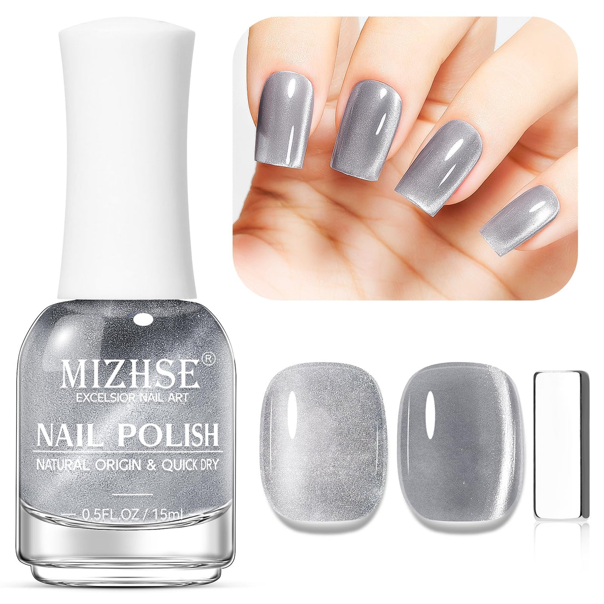 Mizhse Cat Eye Nail Polish - Silver Magnetic Quick Dry 15Ml For Diy Nail Art & Manicure