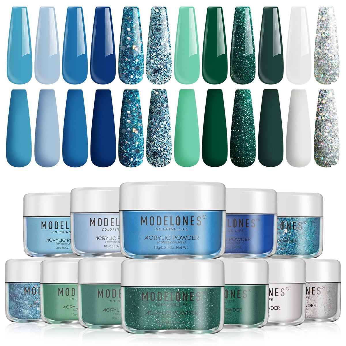 Modelones 12 Colors Acrylic Nail Powder Set, Blue Green Glitter for Nail Art & Extensions