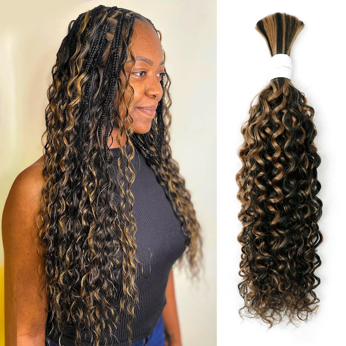 Liqusee 22&quot; Water Wave Curly Human Hair Braiding Hair 1B/30 - Bulk No Weft For Boho Bra