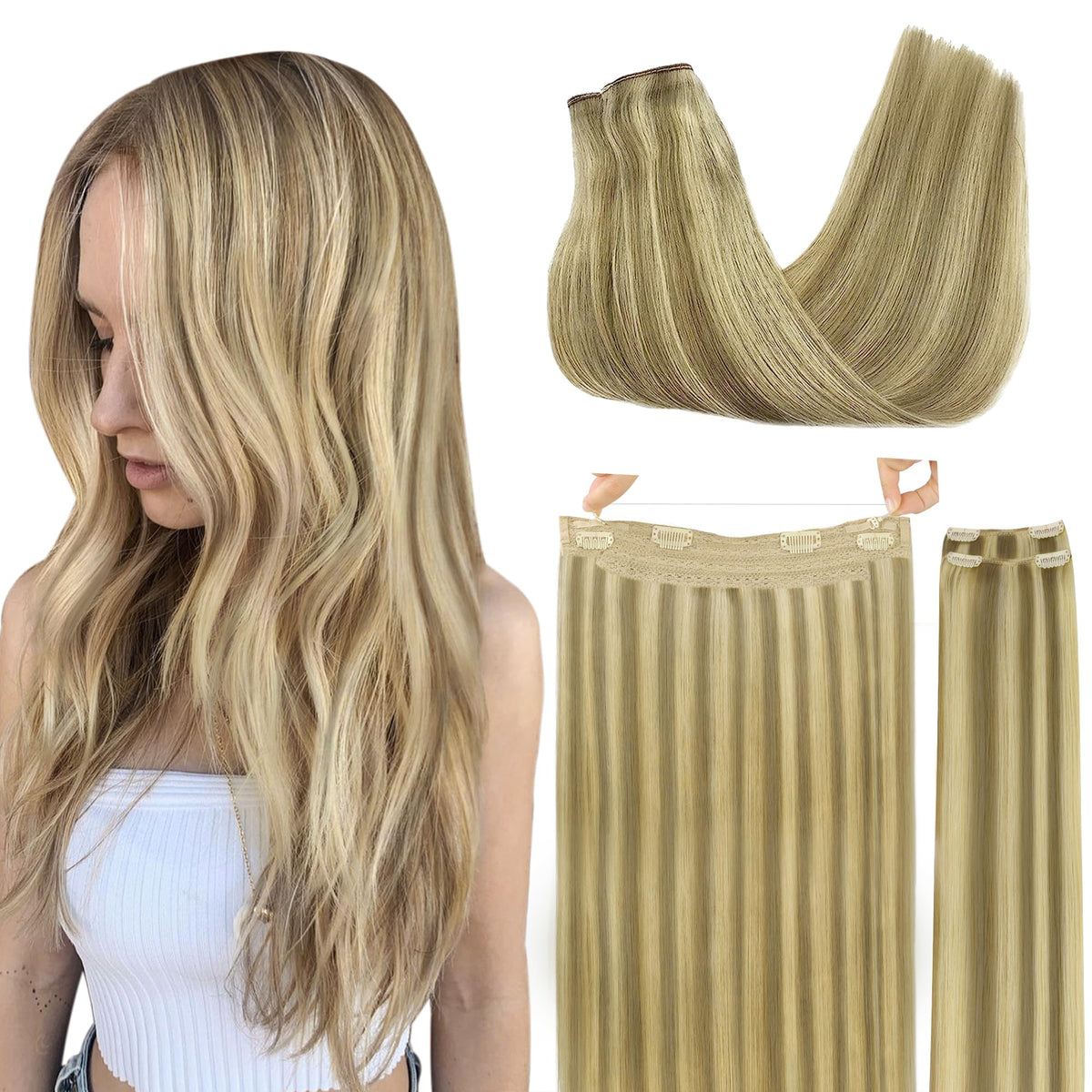 GOO GOO 20&quot; 140g Invisible Wire Hair Extensions, Light Blonde & Golden Highlights, Human Hair