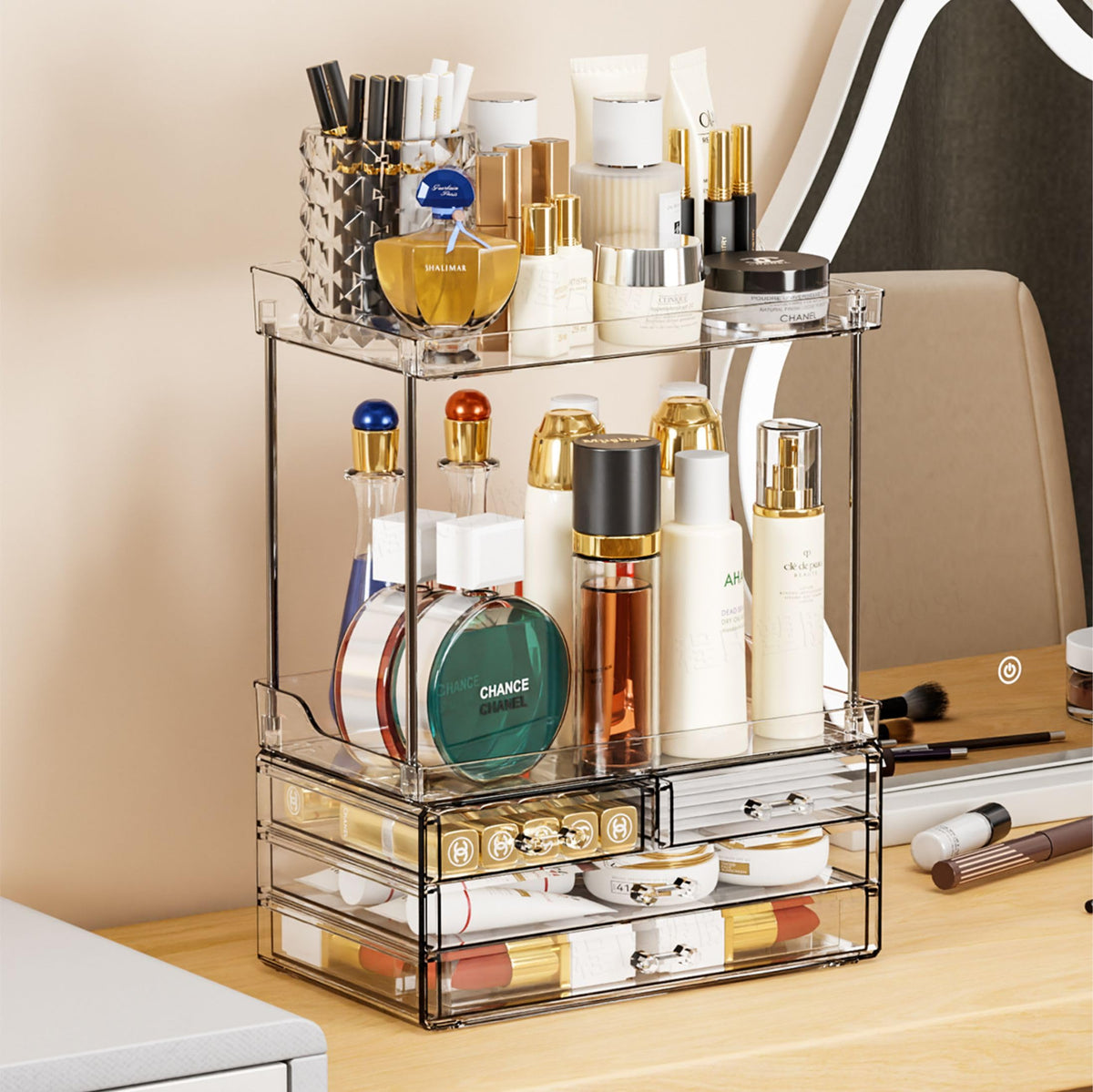 Yieach Clear Makeup Organizer With 4 Drawers - Stackable Skincare Storage For Vanity & Dresser