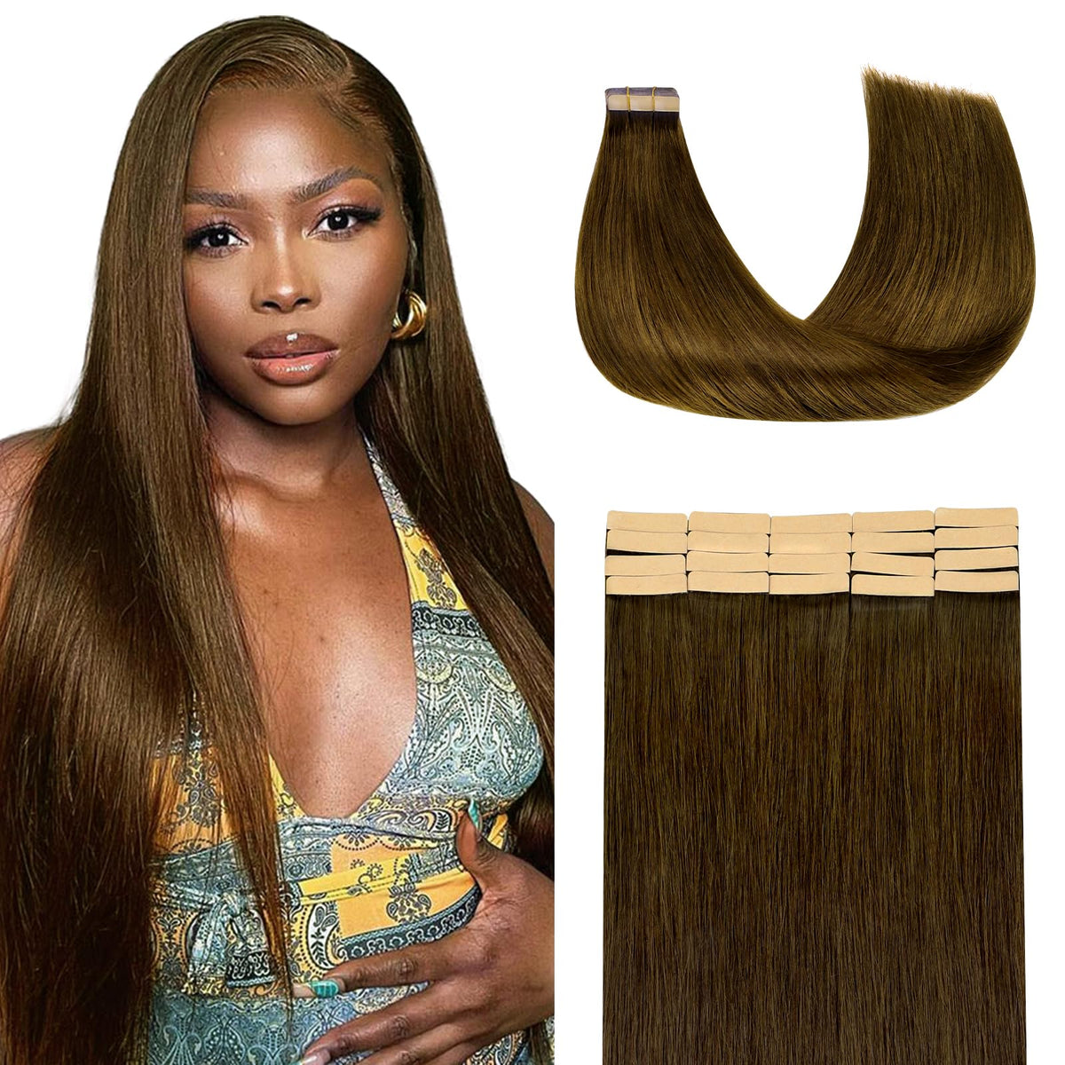 Lashey Tape In Hair Extensions 16 Inch Chocolate Brown 50G 20Pcs Human Hair Invisible Tape