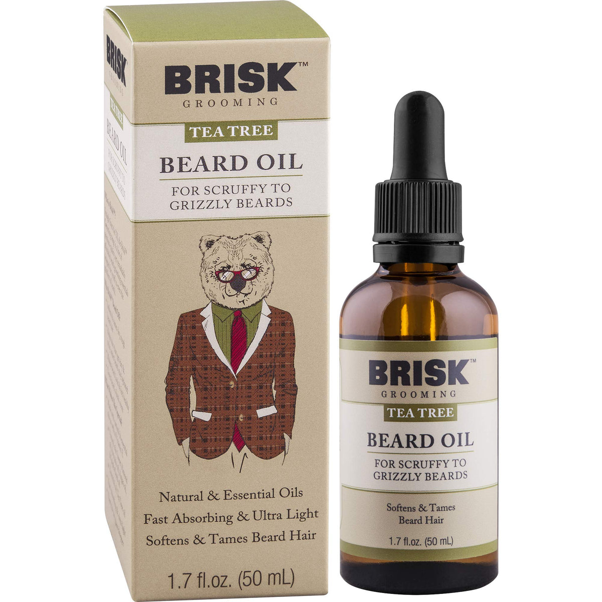 Brisk Tea Tree Beard Oil - Fast-Absorbing, Natural Oils, 1.7 Oz, Softens & Tames Beard