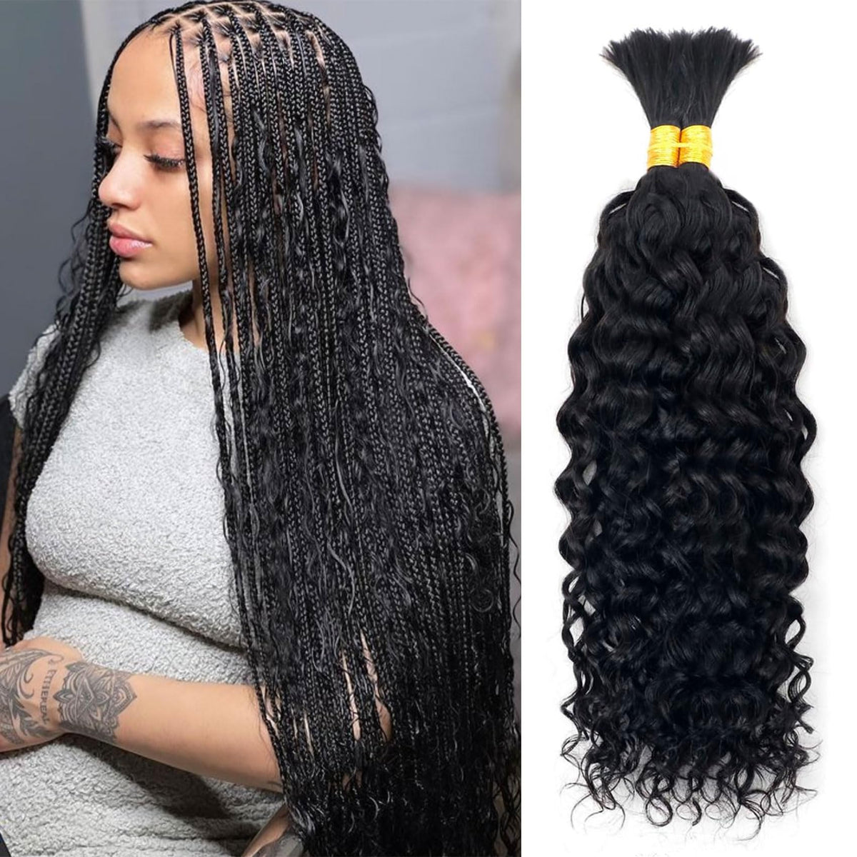 Forevermore 22&quot; Water Wave Bulk Human Hair Braids - Knotless, Remy, Natural Black, 100G 2 Bund