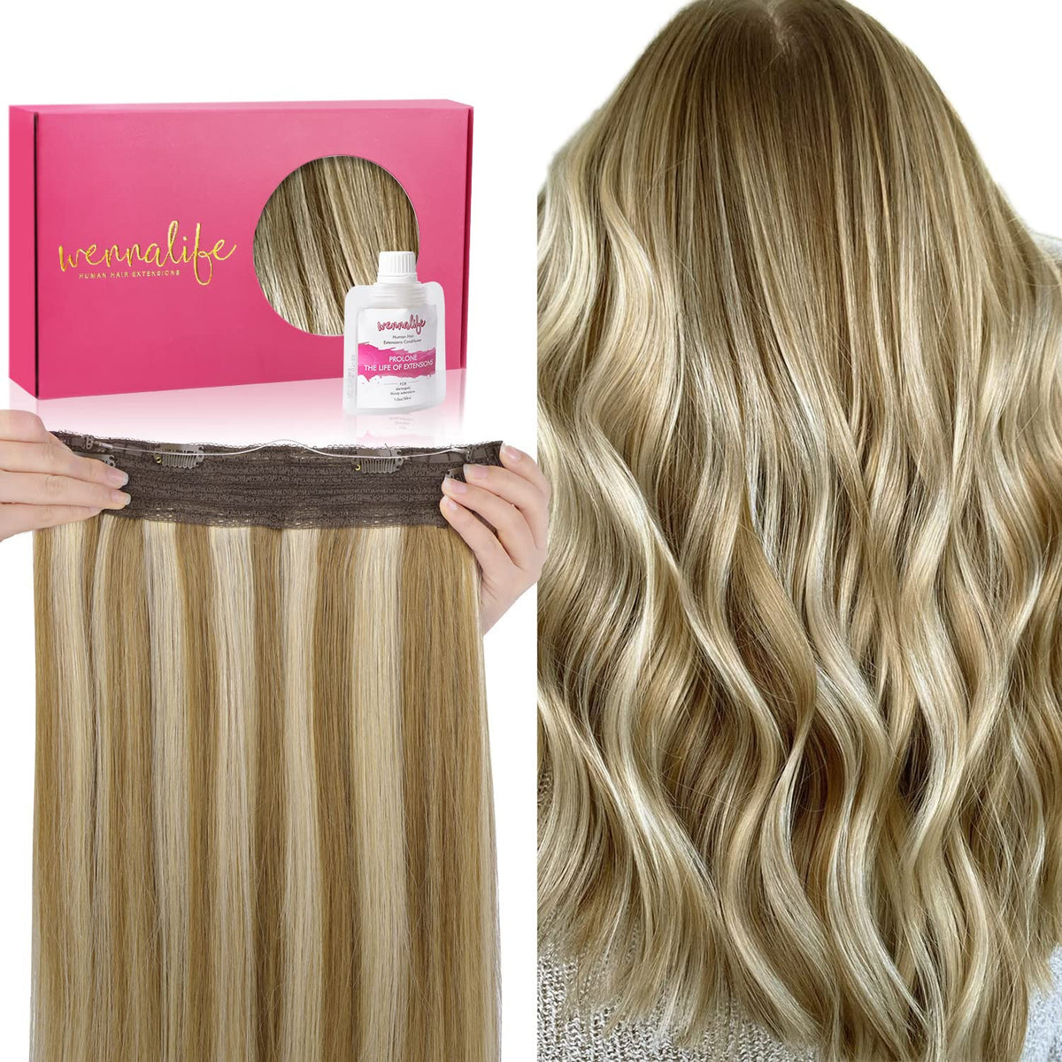 WENNALIFE 12&quot; Wire Hair Extensions, 70g Real Human Hair, Ash Brown & Golden Blonde Highlights