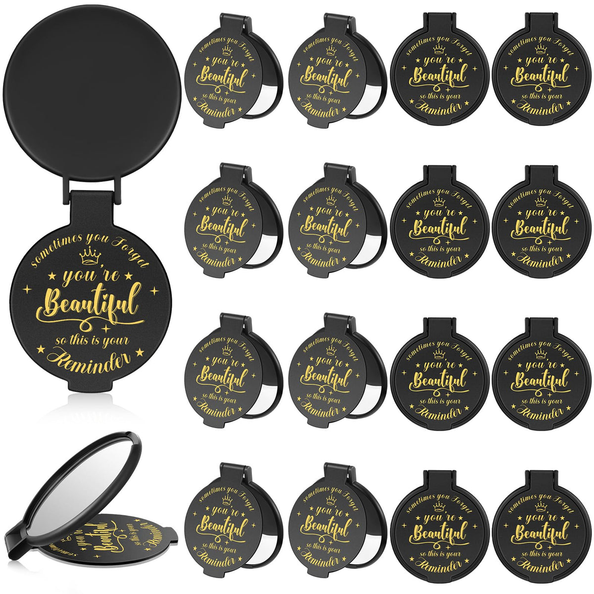 Gulfmew 18 Pcs Inspirational Compact Mirror Set - Round Makeup Glass Mirrors For Women, Black