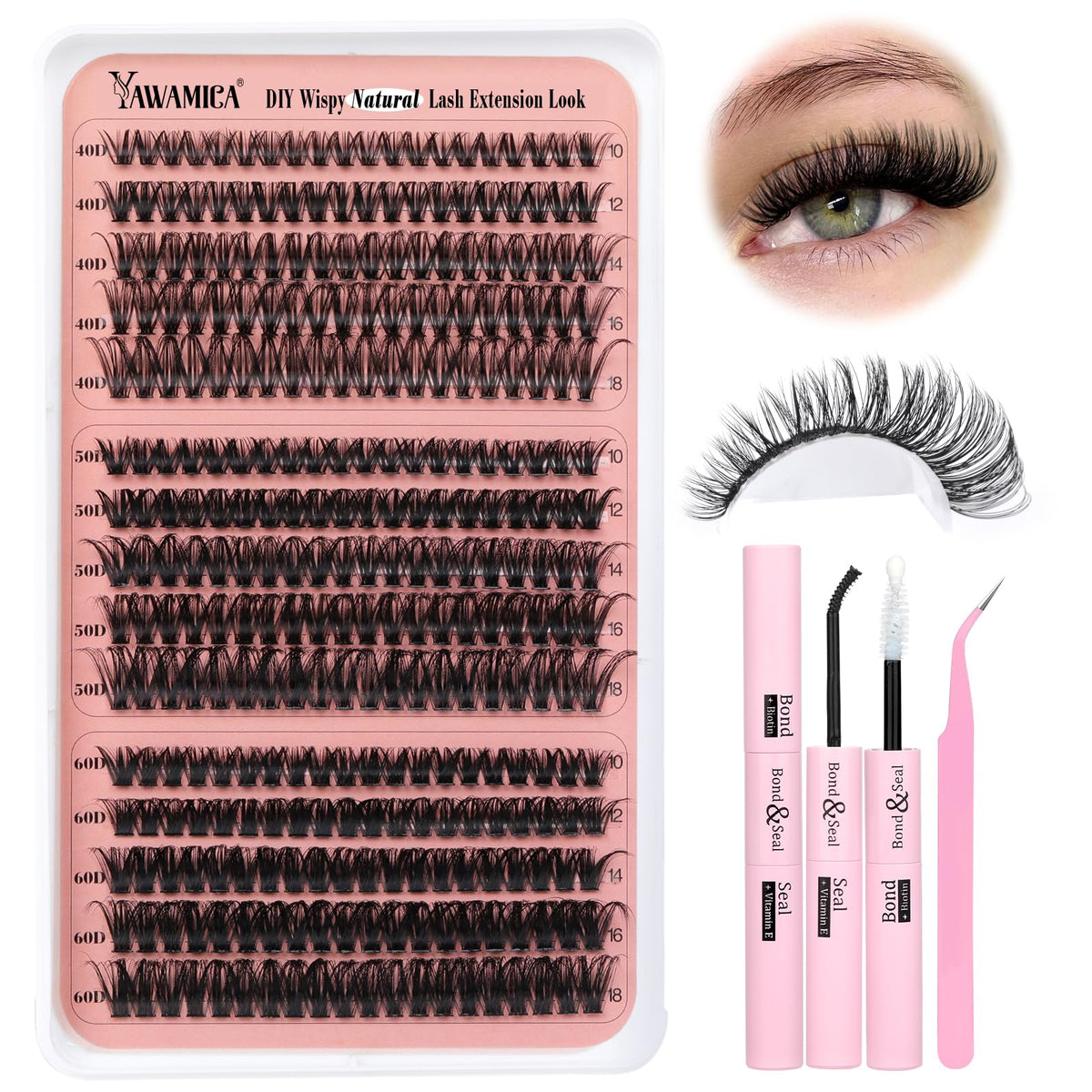 Yawamica 302Pcs Lash Extension Kit - Wispy Volume 40D/50D/60D Individual Lashes, D Curl