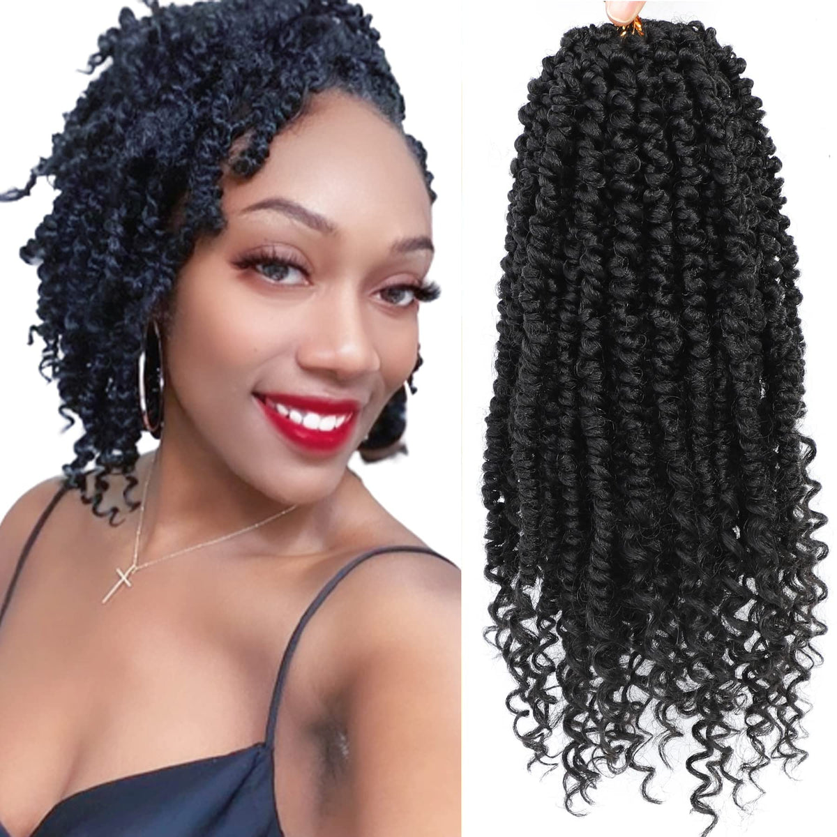 BEFUNNY 8&quot; Pretwisted Passion Twist Crochet Hair, 9 Packs, Soft Black Curly Braids, 1B