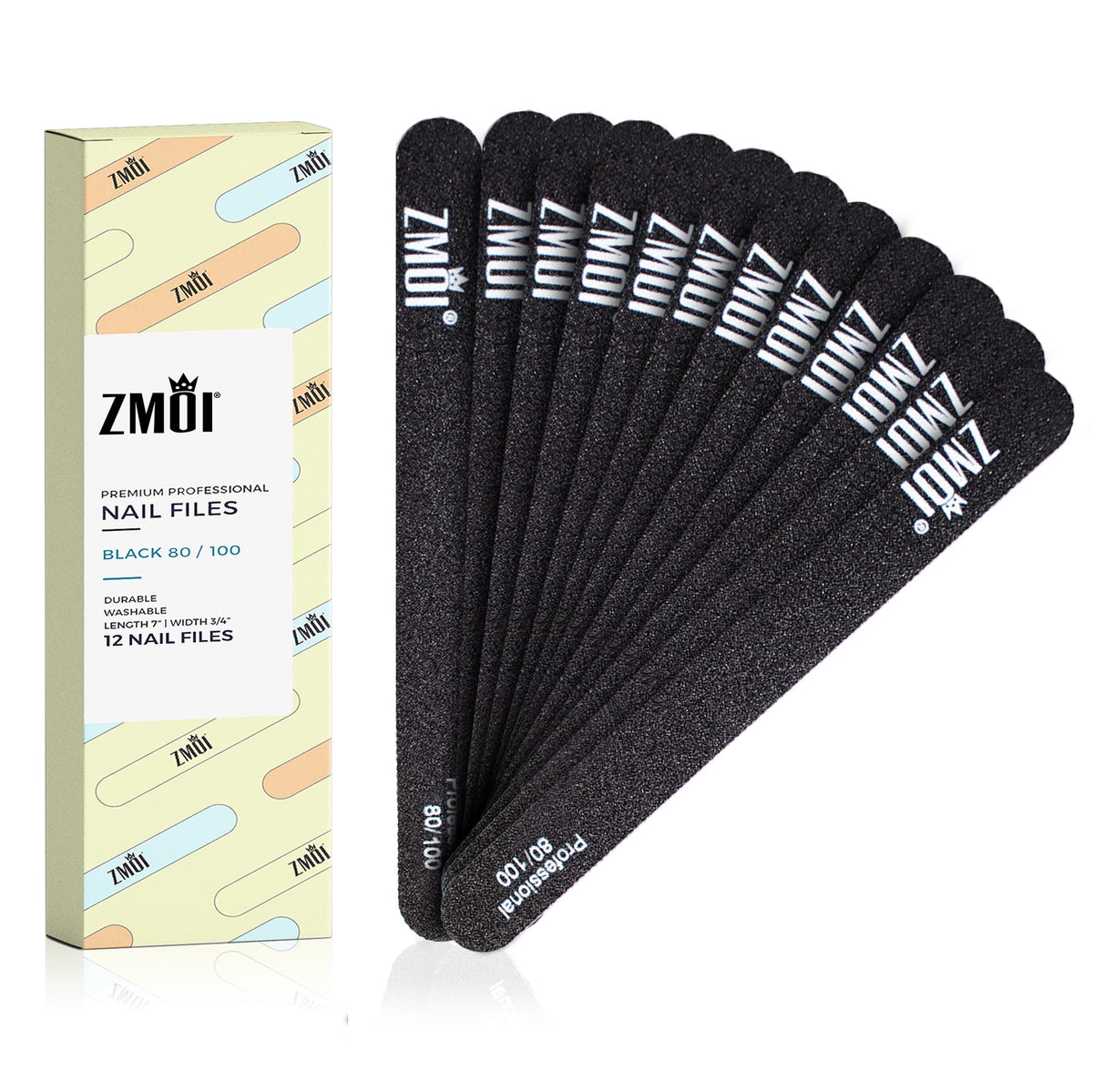 Zmoi 12 Pcs Nail Files - Washable Double Sided 80/100 Grit For Acrylic/Gel Nails, Durable &