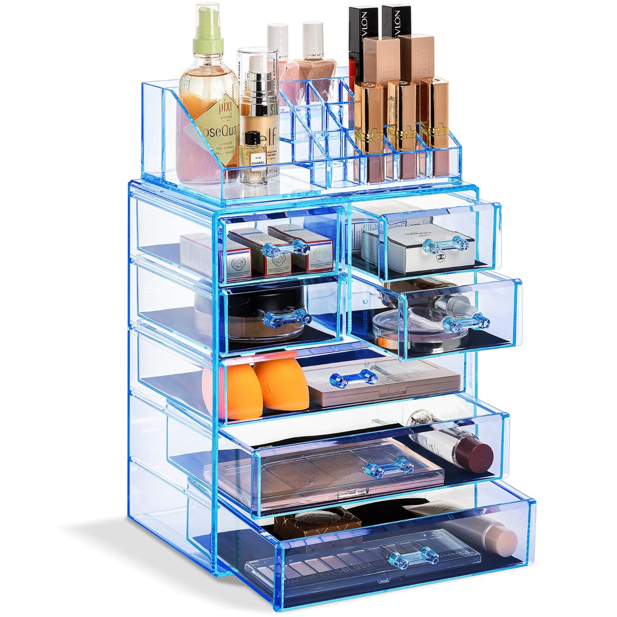 Sorbus Clear Acrylic Cosmetic Makeup Organizer - 3 Large & 4 Small Drawers, Blue Brilliance