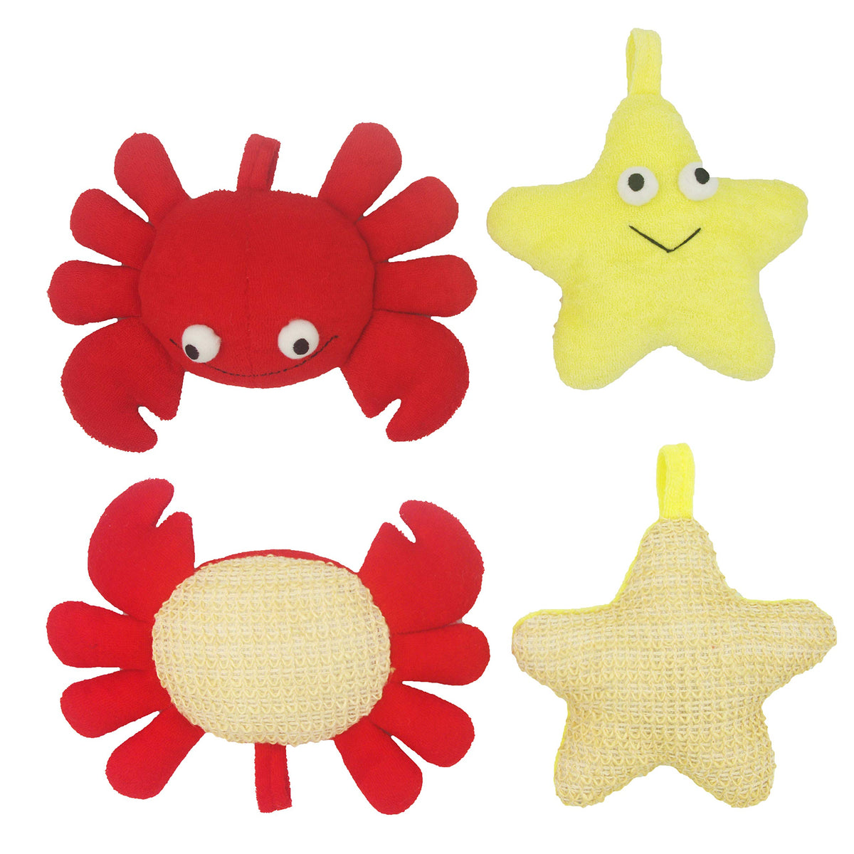 Bleu Bath 2 Pack Animal Body Scrubber - Natural Linen Shower Ball For Kids - Yellow Starfish & Red Crab