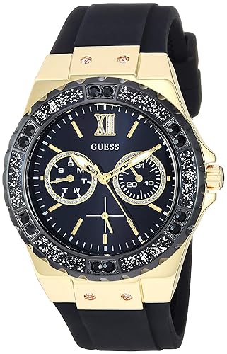 Guess Gold-Tone Stainless Steel Black Watch With Day & Date - Model U1053L7