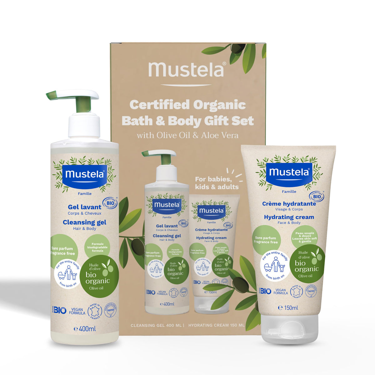 Mustela Organic Bath & Body Gift Set - Fragrance-Free Cleansing Gel & Cream For All Ages