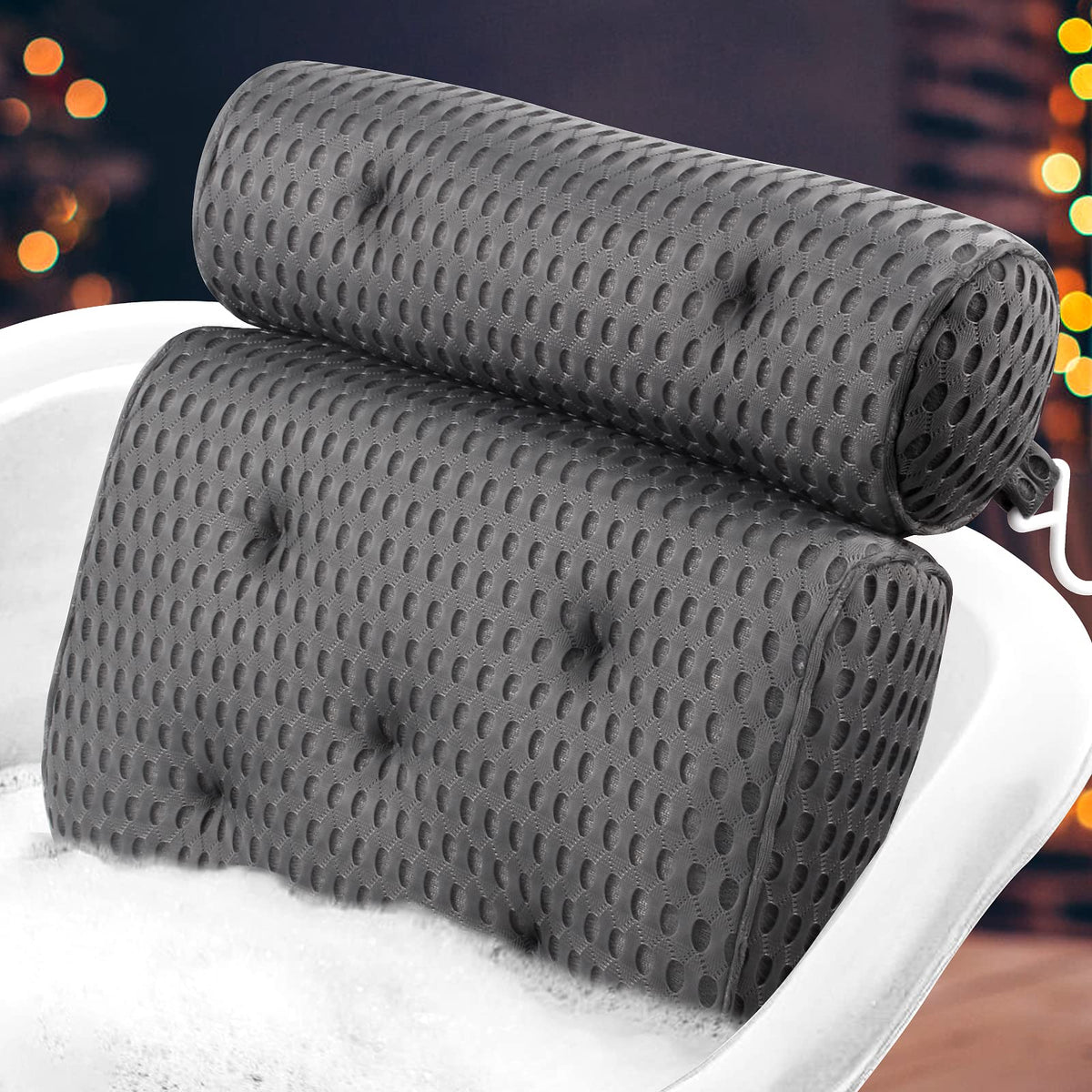 Slyfoam Gray Bath Pillow With Anti-Slip Suction Cups For Ultimate Neck & Back Support