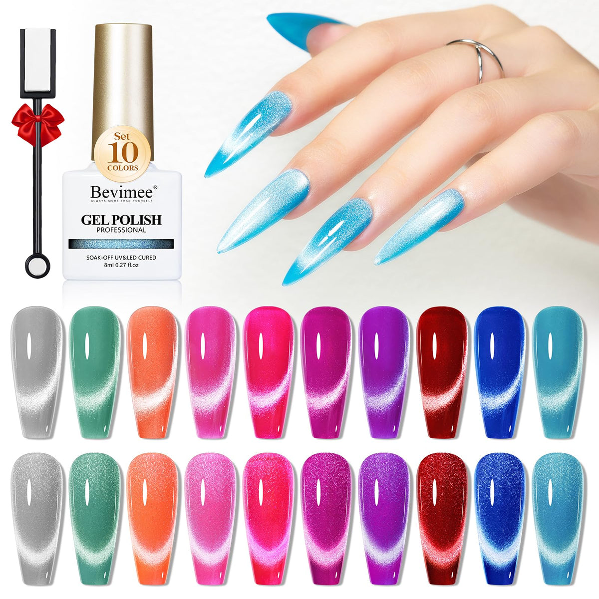 Bevimee Neon Cat Eye Gel Nail Polish Set - 10 Colors, 9D Magnetic Effect, Long Lasting