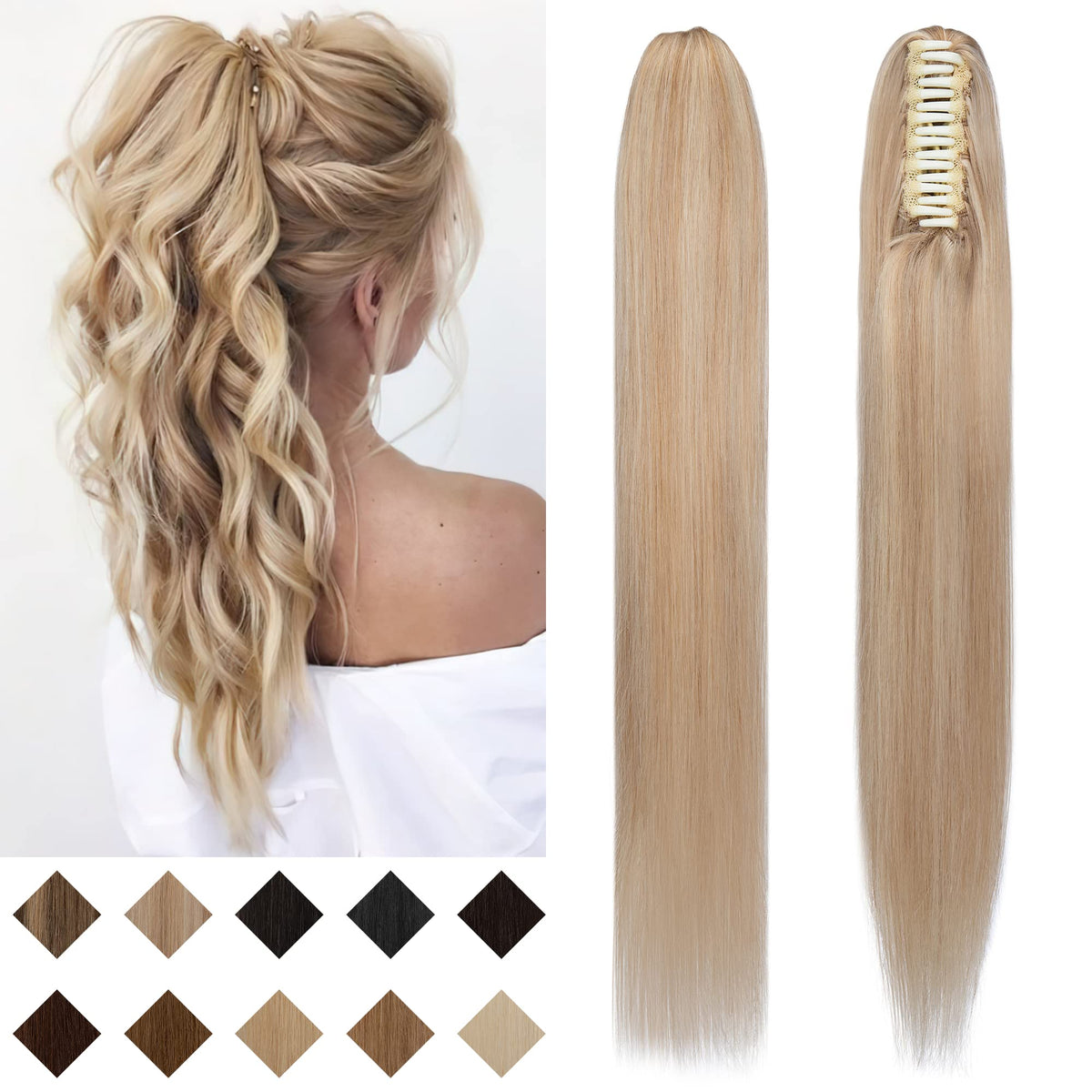 SEGO 20&quot; Claw Clip Ponytail Extension - Ash & Bleach Blonde Real Human Hair for Women