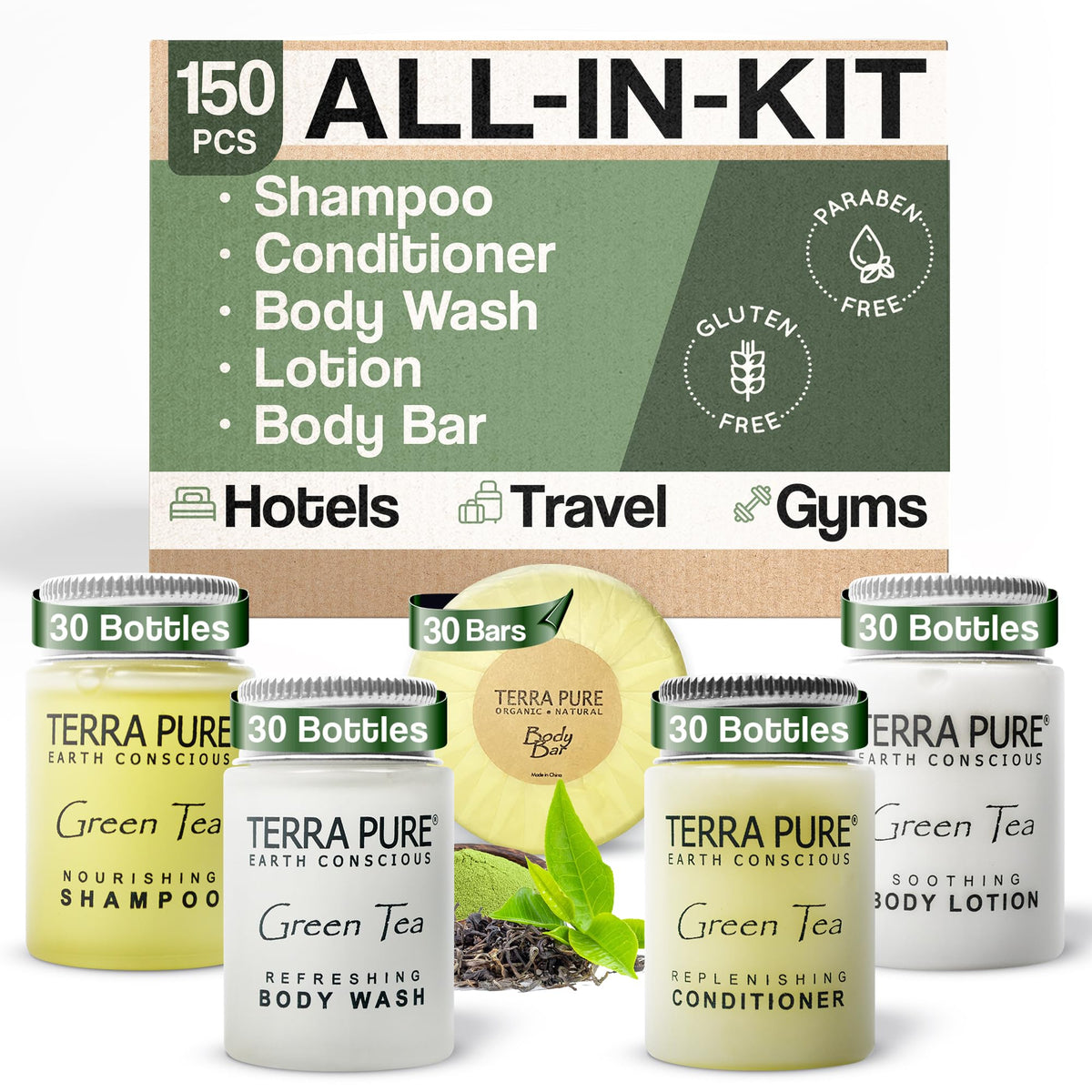 Terra Pure Hotel Soaps & Toiletries Kit | 150 Travel Size Amenities | Shampoo, Body Wash, Lotion