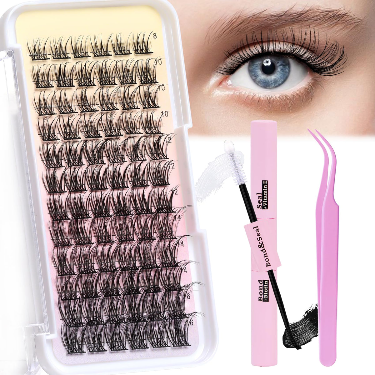 Losha Lash Extension Kit 72pcs, 8-16mm D Curl Fluffy Lashes, Bond & Seal, Beginner Friendly