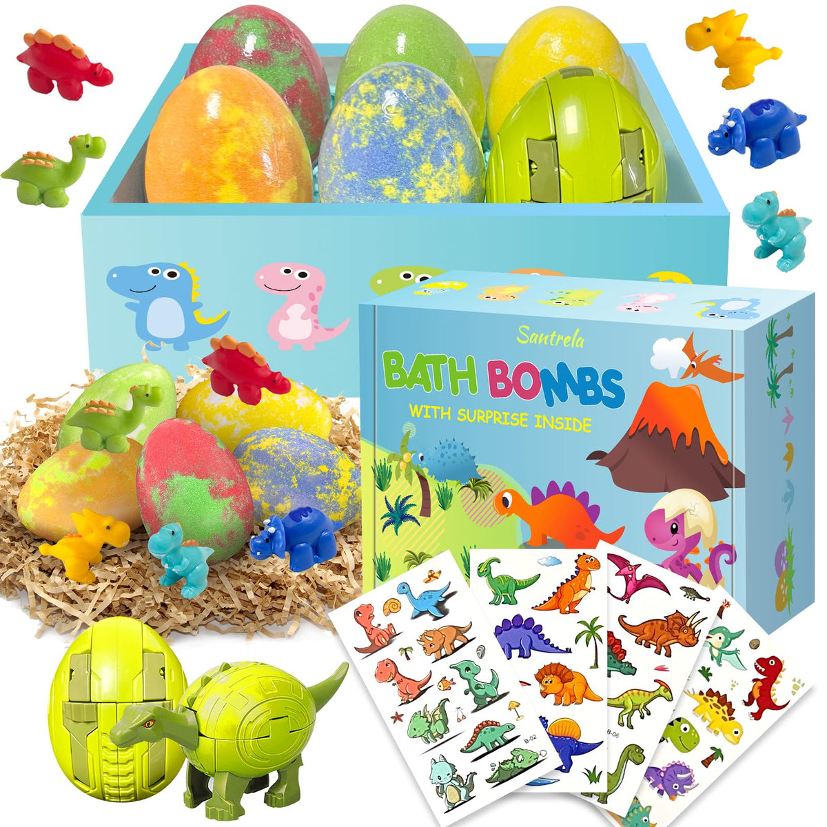 Santrela Bath Bombs For Kids - Dino Egg Surprise Toys, Bubble Bath Gift Set For Ages 3-9