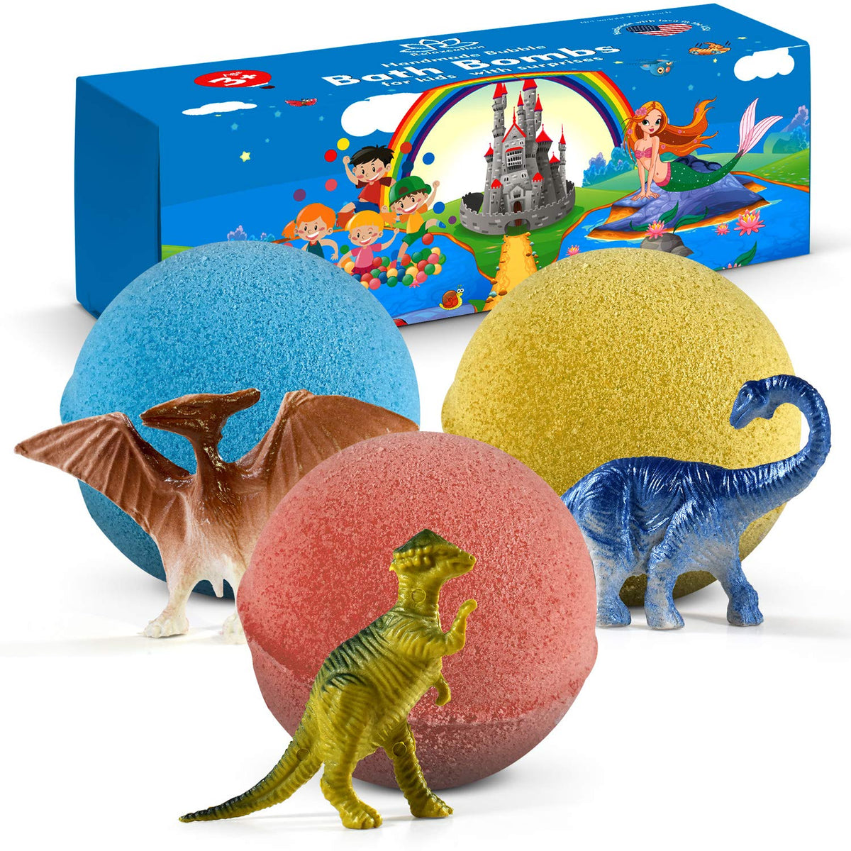 Relaxcation Organic Dino Bath Bombs - 3 Count, Fizzy Fun For Kids With Surprise Dinosaurs Inside