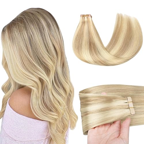 GOO GOO 20&quot; Tape in Hair Extensions, Human Hair, Dark Blonde Highlighted, 50g, 20pcs