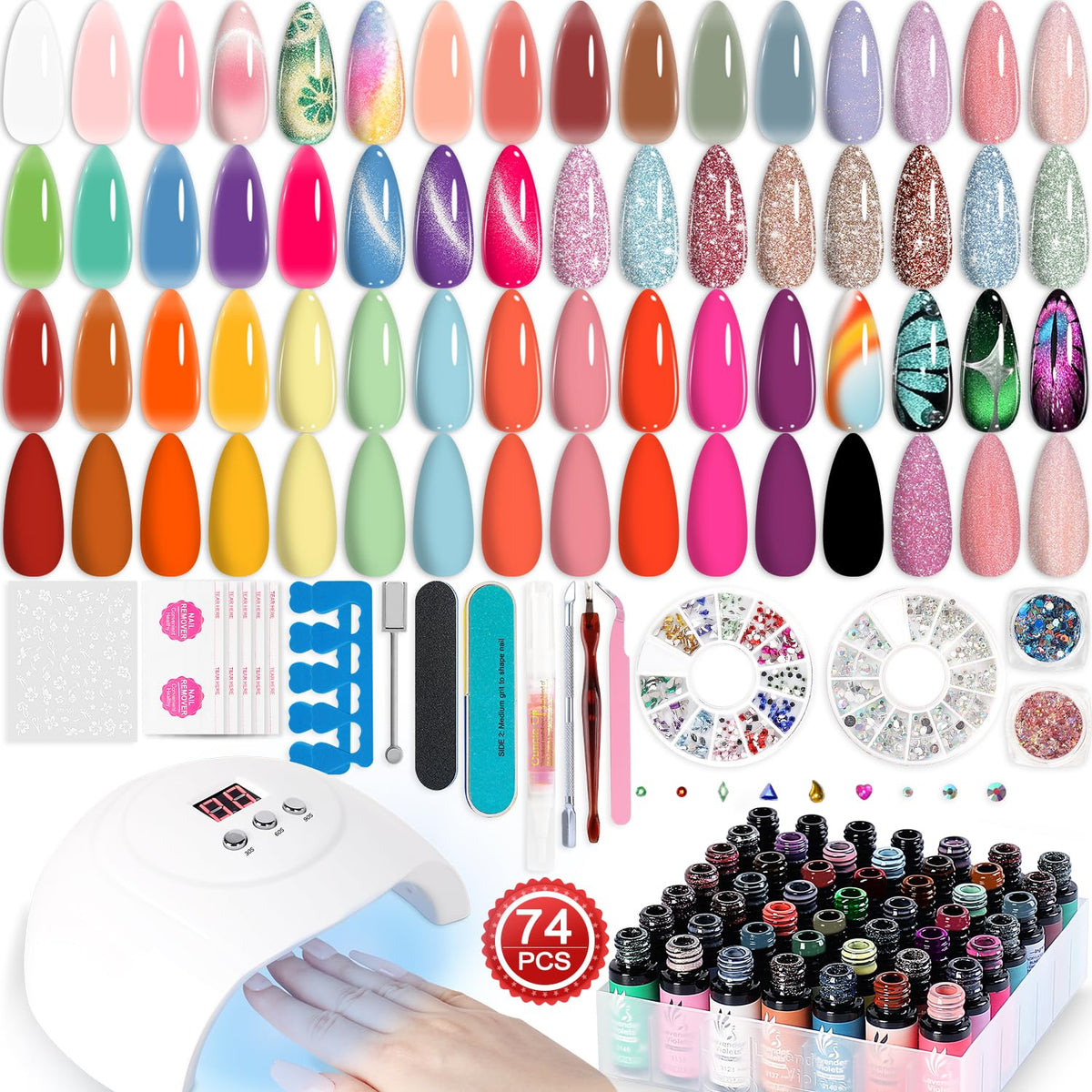 Lavender Violets Gel Nail Polish Kit - 74 Pcs, Uv Light, Holographic Glitter, Cat Eye, Matte Top