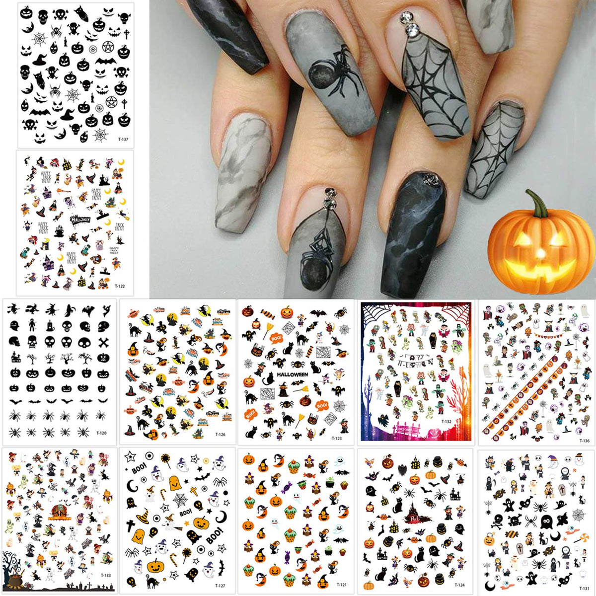 Kalolary 1500+ Halloween Nail Art Stickers, 12 Self-Adhesive Decals - Pumpkins, Bats,