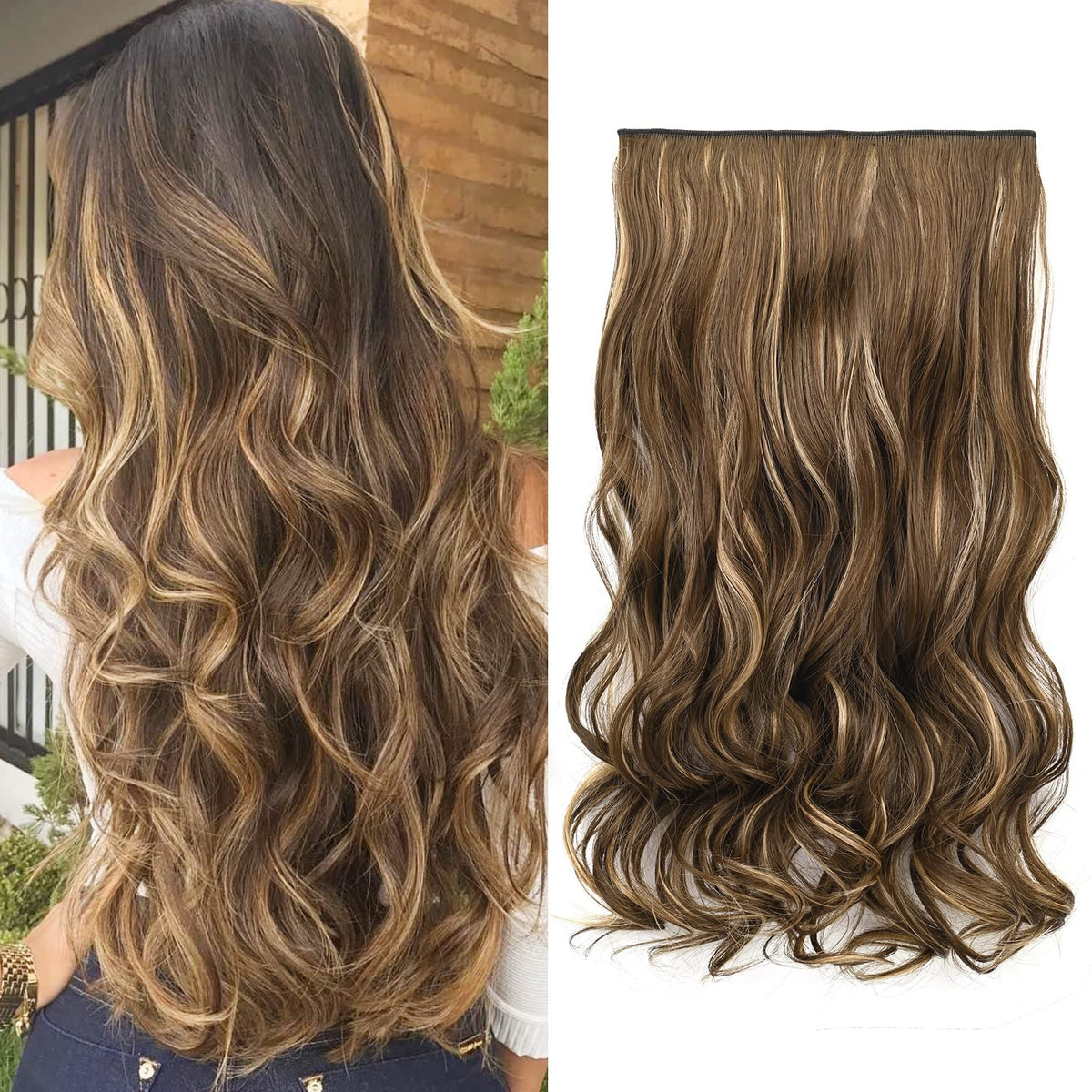 REECHO 20&quot; Curly Wave Synthetic Hair Extensions - Chocolate Brown with Blonde Highlights, 1 Pack