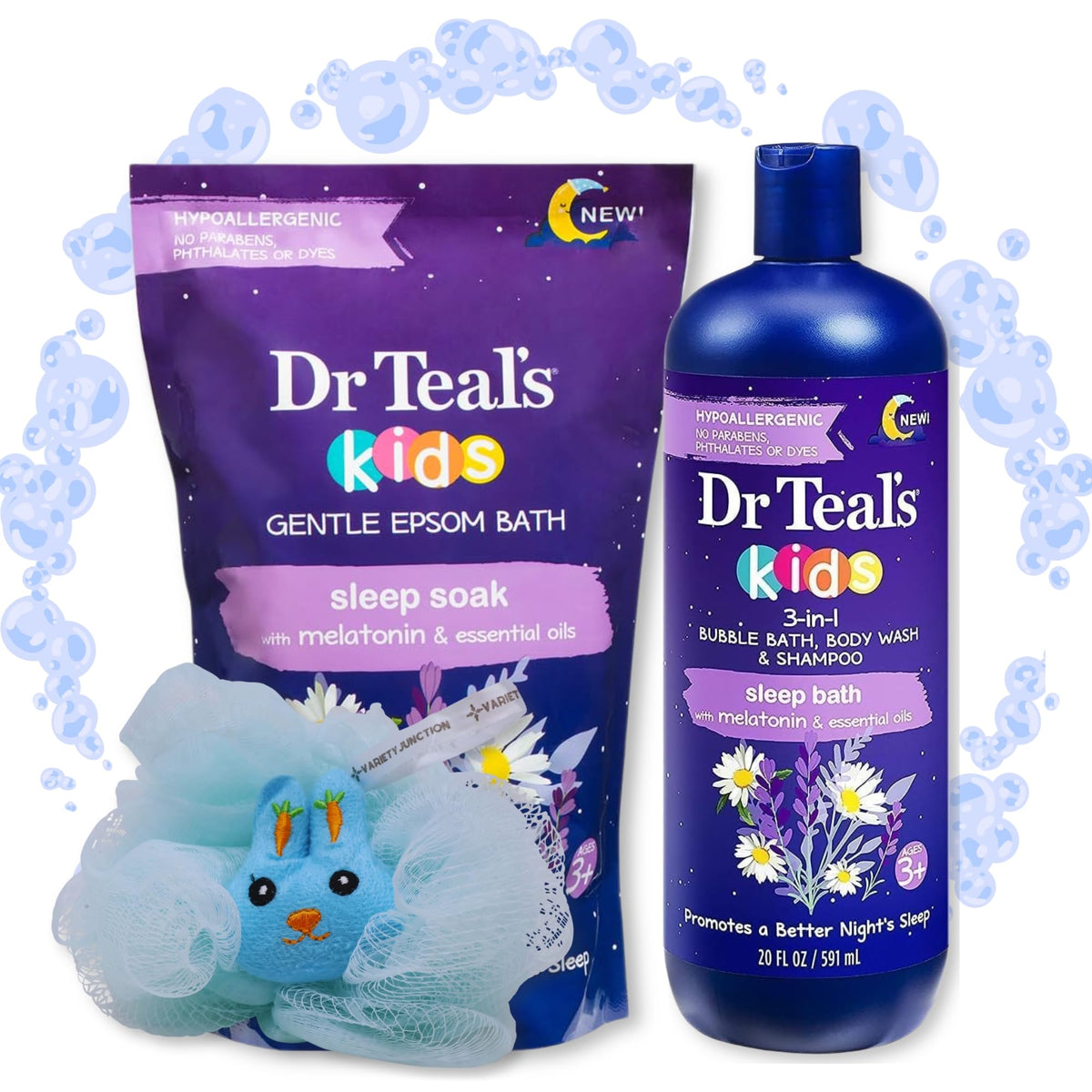 Dr Teal Kids Sleep Bundle: Melatonin Epsom Salt Soak & Bubble Bath With Sponge, Hypoallergenic