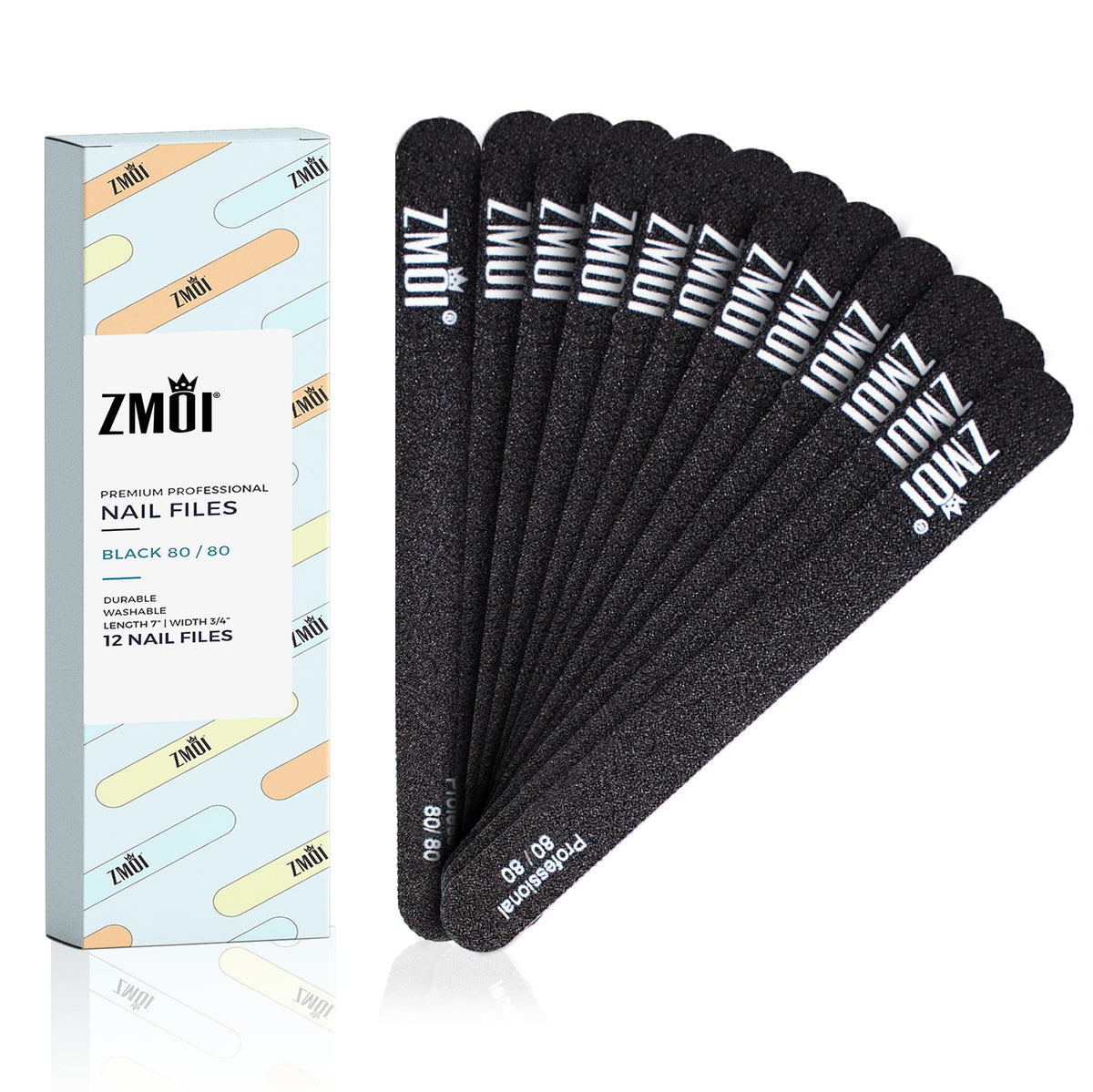 Zmoi 12 Pcs Professional Nail Files - Double Sided 80/80 Grit For Gel/Acrylic Nails, Washable