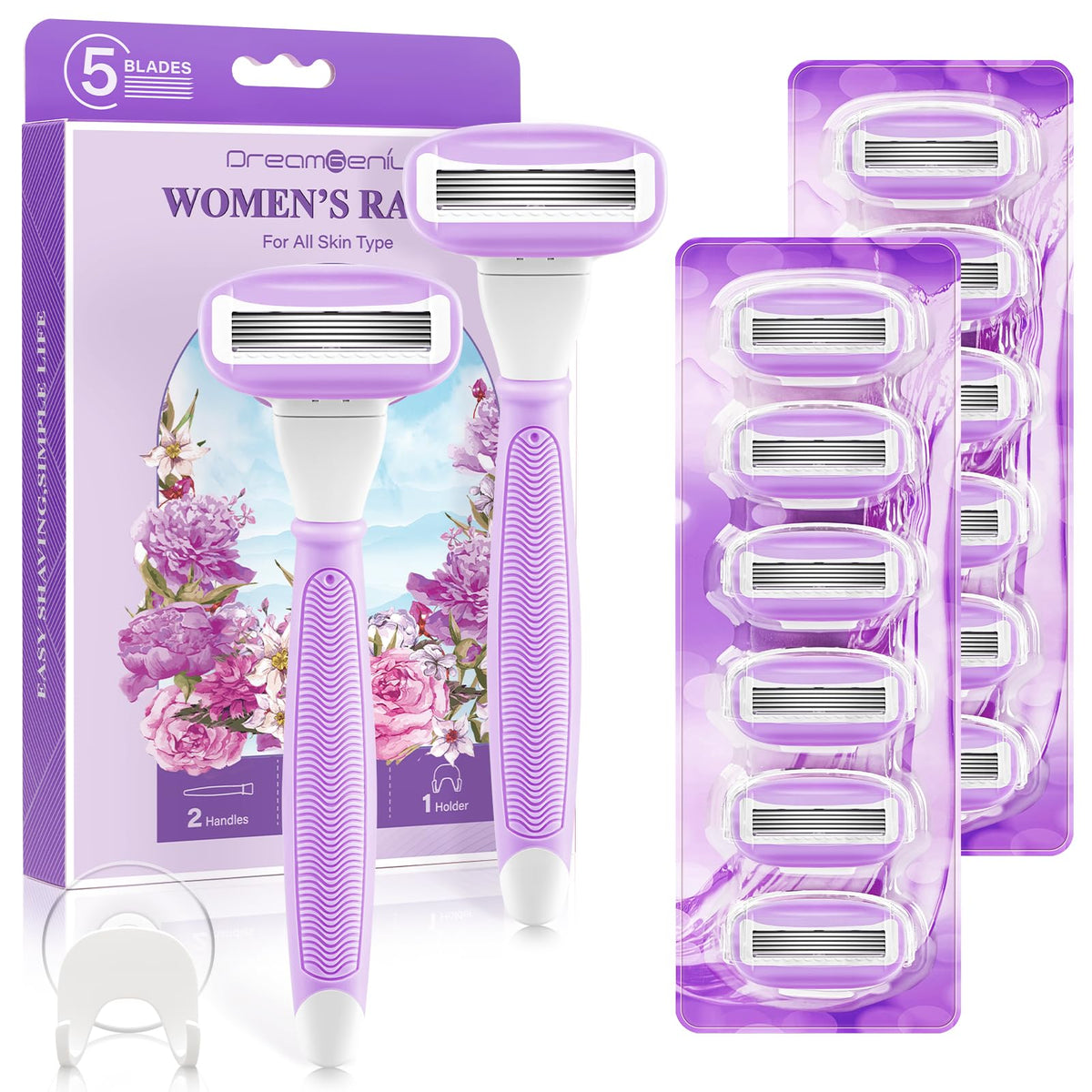 Dreamgenius Women'S Razors - 2 Non-Slip Handles, 14 Refills, 5 Blades, Purple, Irritation